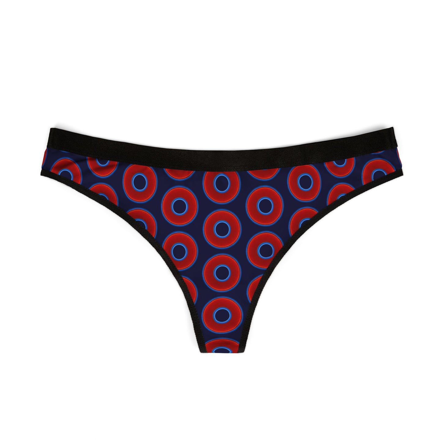 Lumpy Donut Thongs - red vivid donut print w/midnight blue background