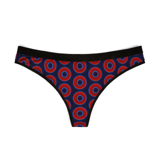 Lumpy Donut Thongs - red vivid donut print w/midnight blue background