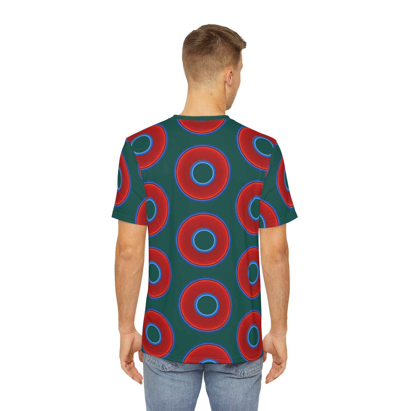 Multi-Beastie Giant Donut AOP Polyester Tee - red vivid donut print w/dark Fenway green background