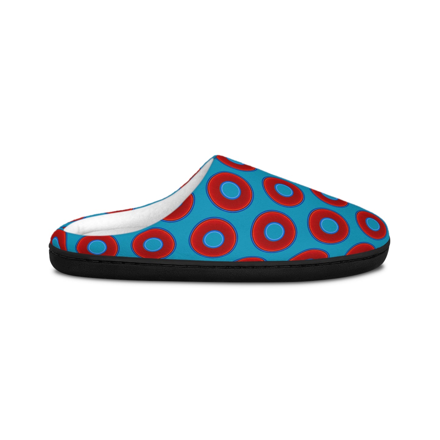 Women's Lumpy Slippers - red vivid donut print w/aquamarine blue background