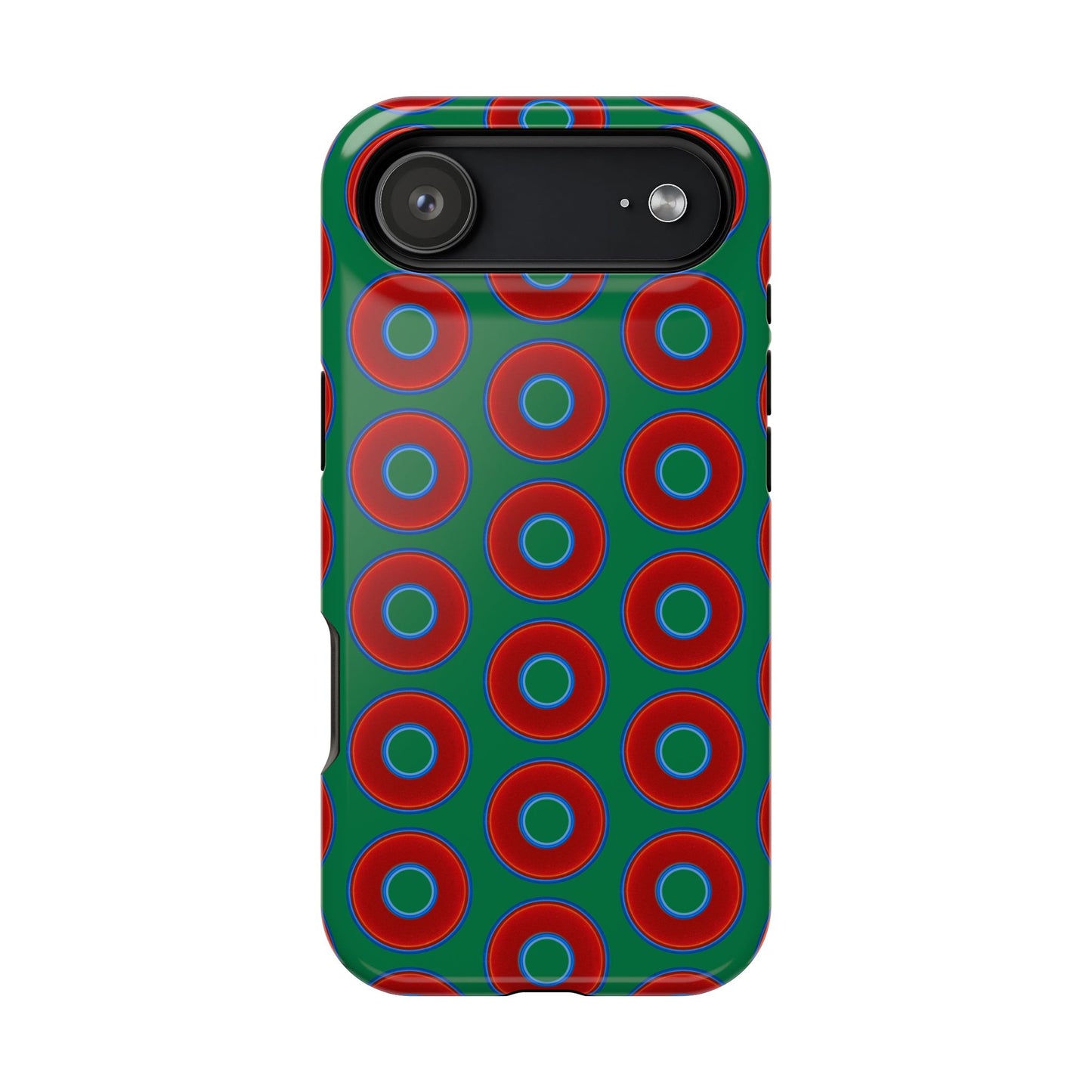 Impact-Resistant Lumpy Donut Case - red vivid donut print w/green background