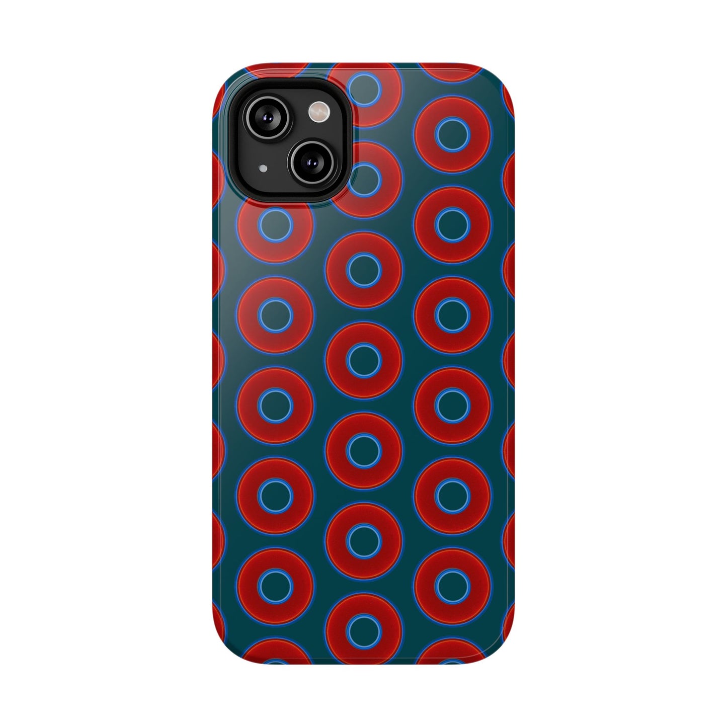 Impact-Resistant Lumpy Donut Case - red vivid donut print w/midnight green background