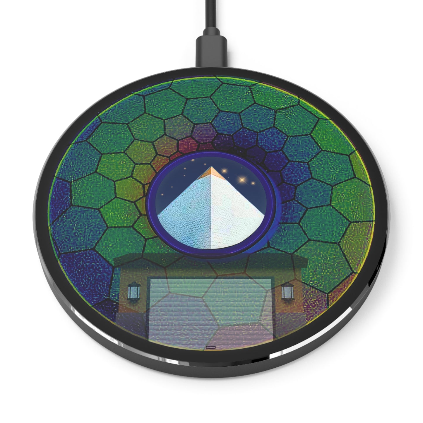 The Flow - Wireless Lumpy Donut Chargers - "Wireless Limestone Donut Chargers so Large" - green hexadonut w/black background - variant 2