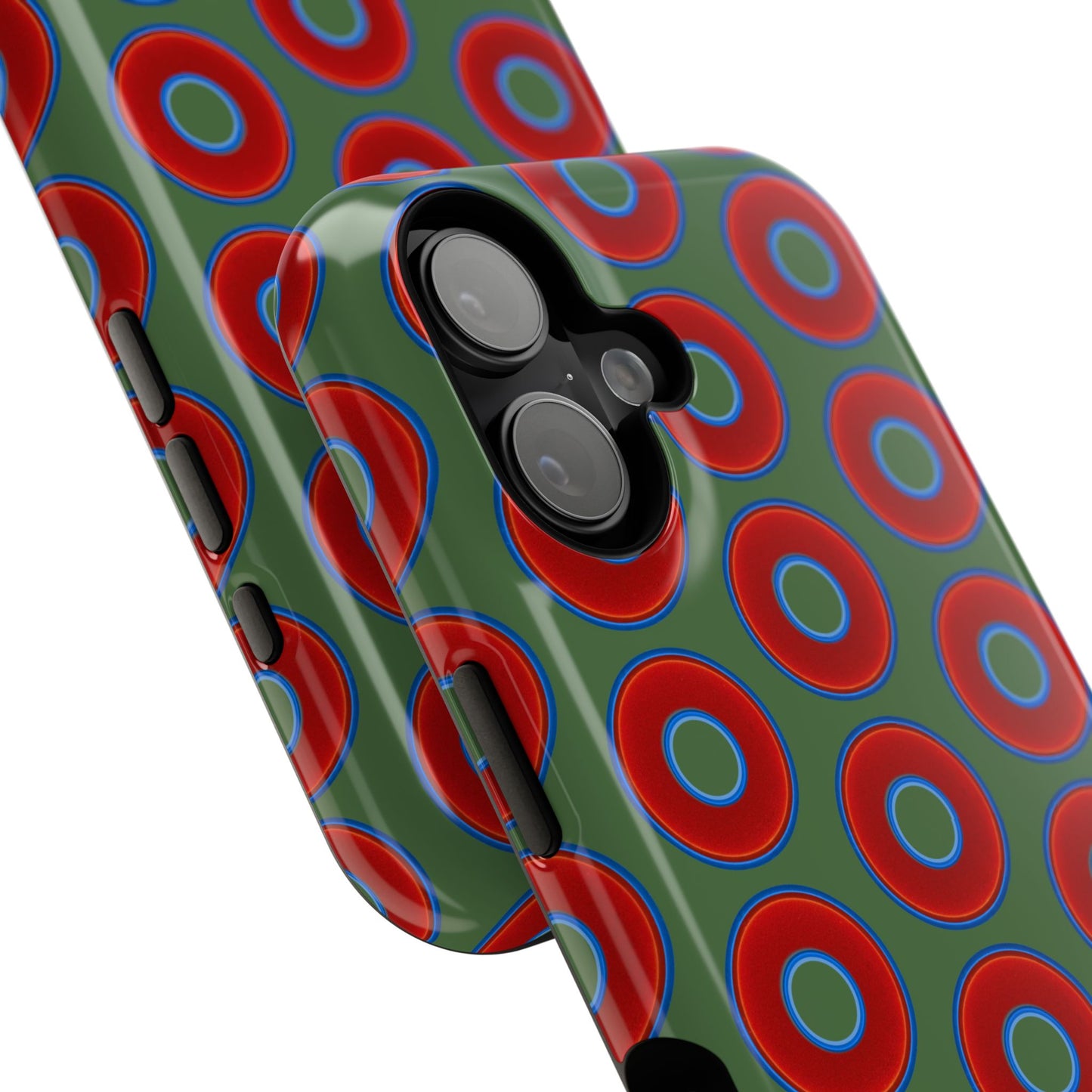 Impact-Resistant Lumpy Donut Case - red vivid donut print w/dark green background