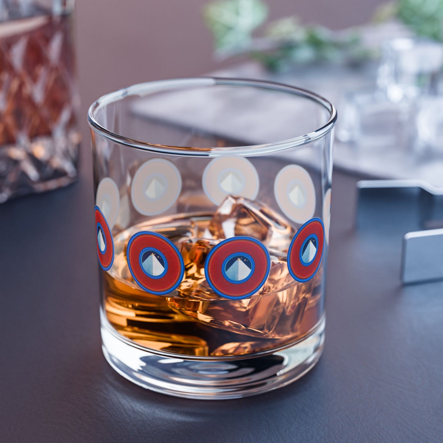 10oz Lumpy Rock Glass - "Limestone Rock" - vivid red/blue donuts