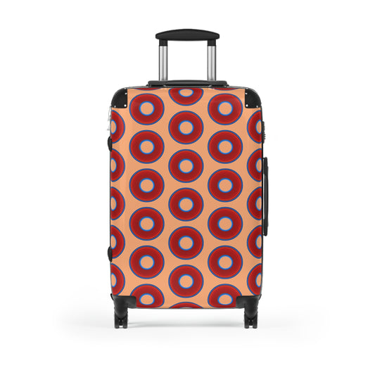 The Very Lumpy Donut Suitcase series - your choice of S, M or L - vivid red donut print w/peach background