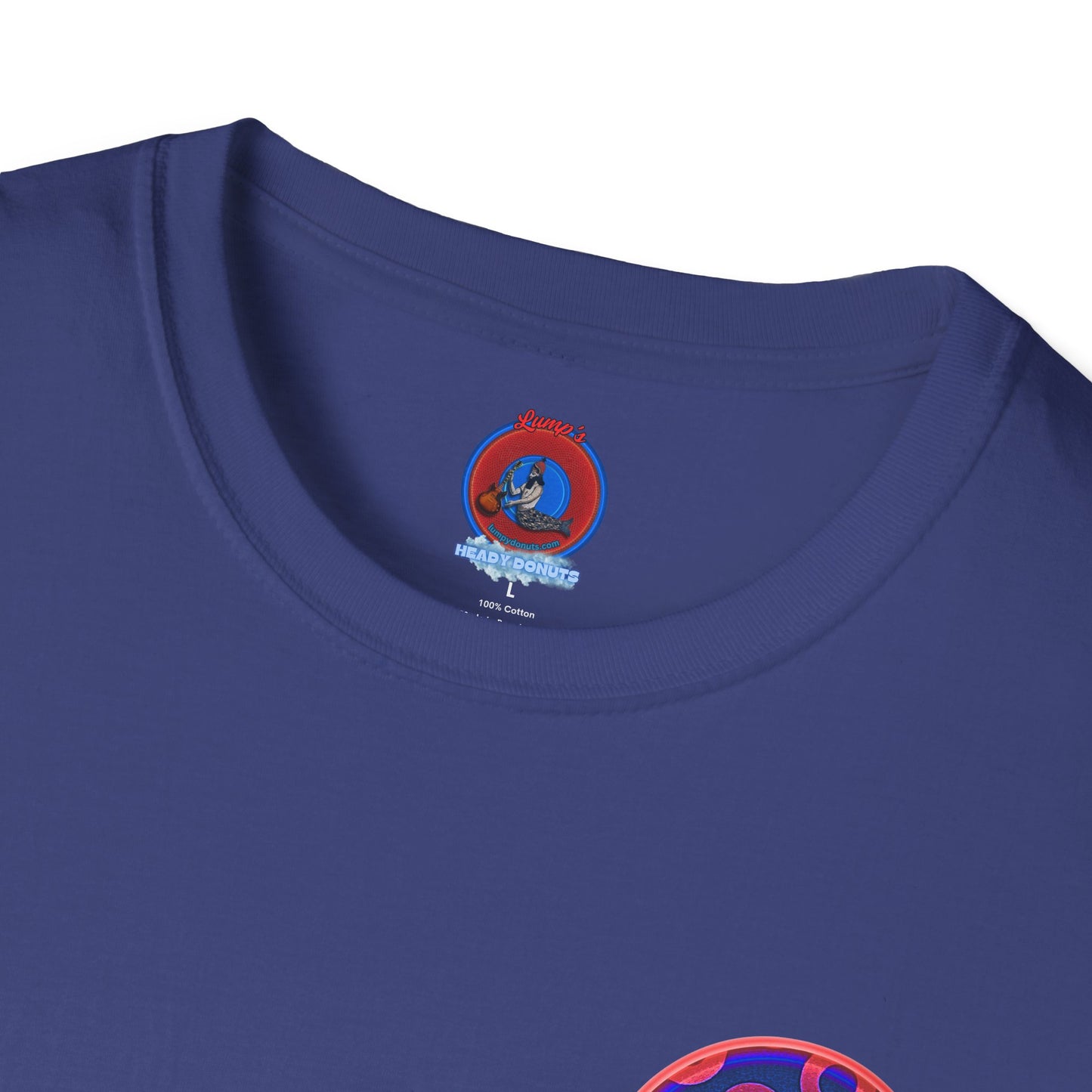 Classic Donut Tee - Unisex Soft-Style - "Beefy Wooked Cream - YEMSG Donut" - electric blue/red rustic paradox donut