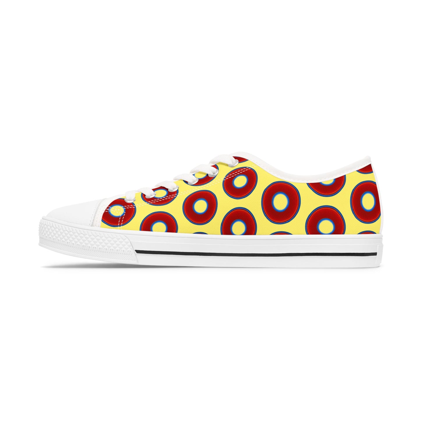 Women's - Low Top Chuck Taylors - large vivid red donut print w/yellow background