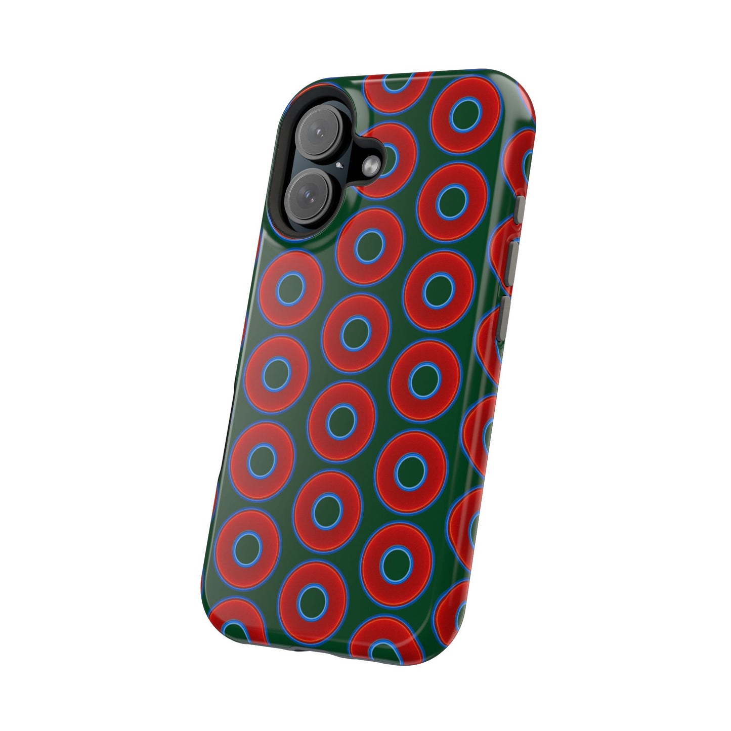 Magnetic Tough Donut Case - red vivid donut print w/deep pond green background