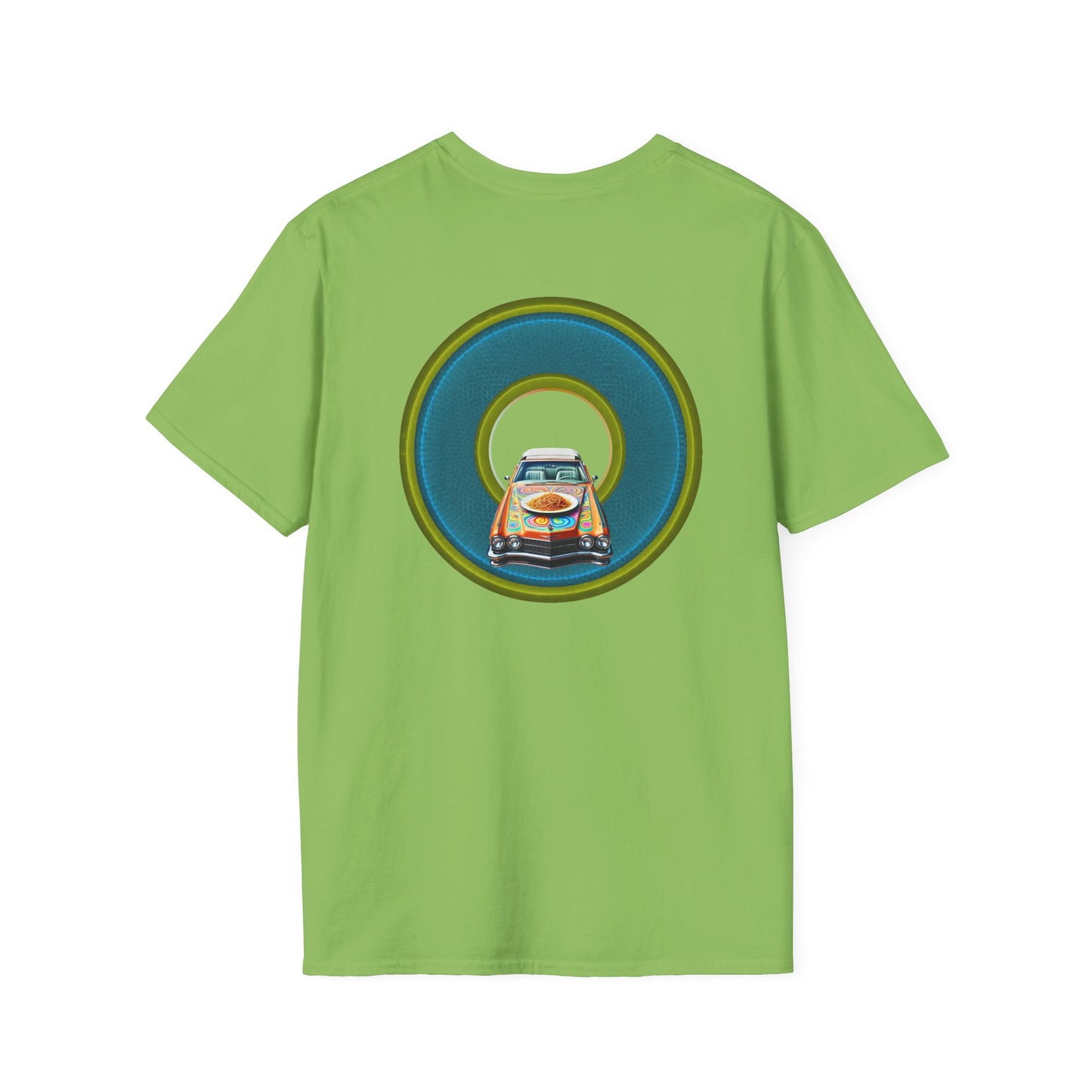 Classic Donut Tee - Unisex Soft-Style - "Cadillac Rainbow Spaghetti Incident" - series 1.0  - variant 1 - blue/green donut