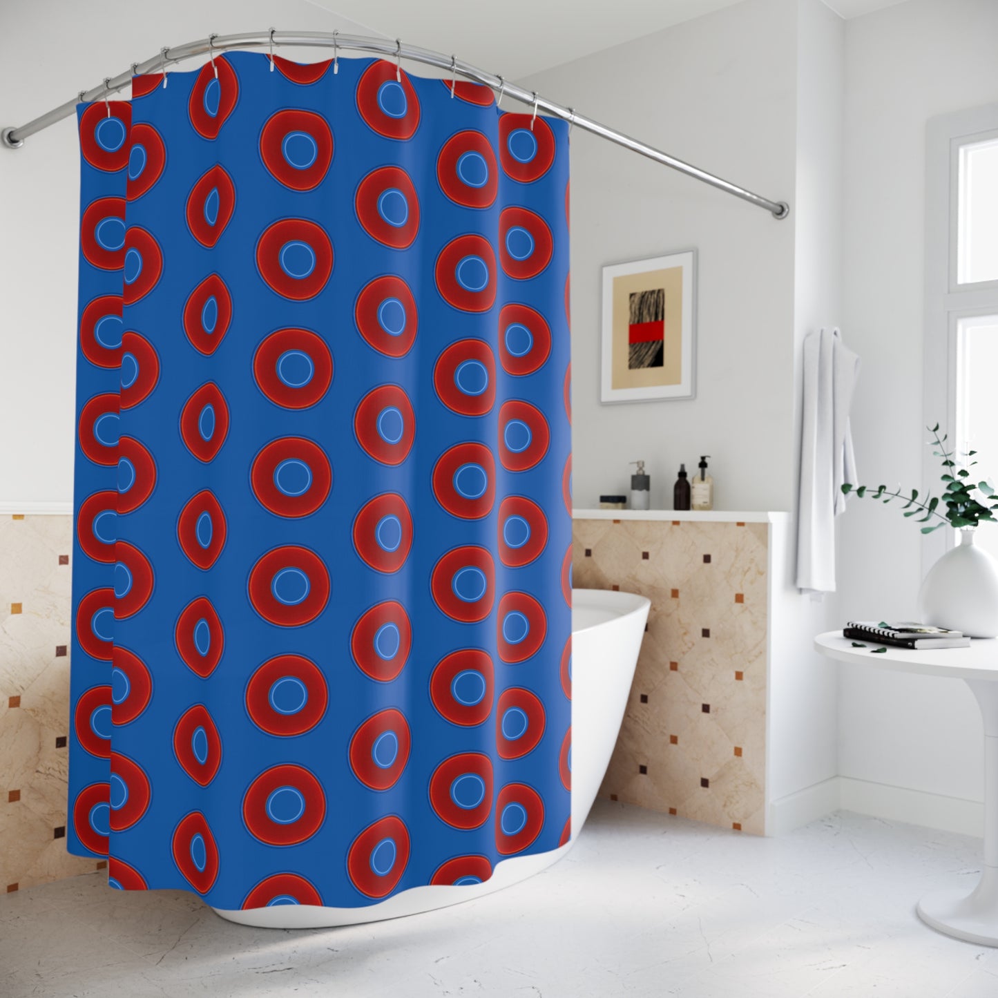 The Curtain With "Donuts" - Lumpy Bath Time Fun - vivid red donuts w/dark royal blue background