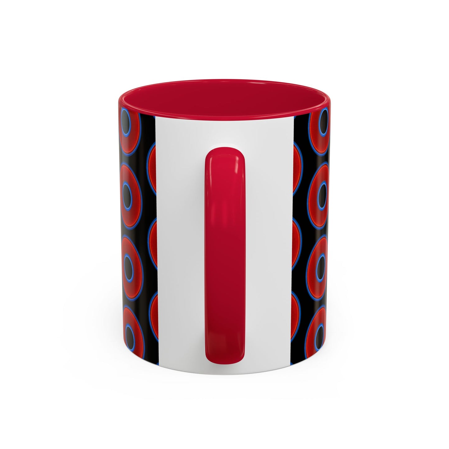 Lump's Grumpy Coffee Mug - vivid red donuts w/black background