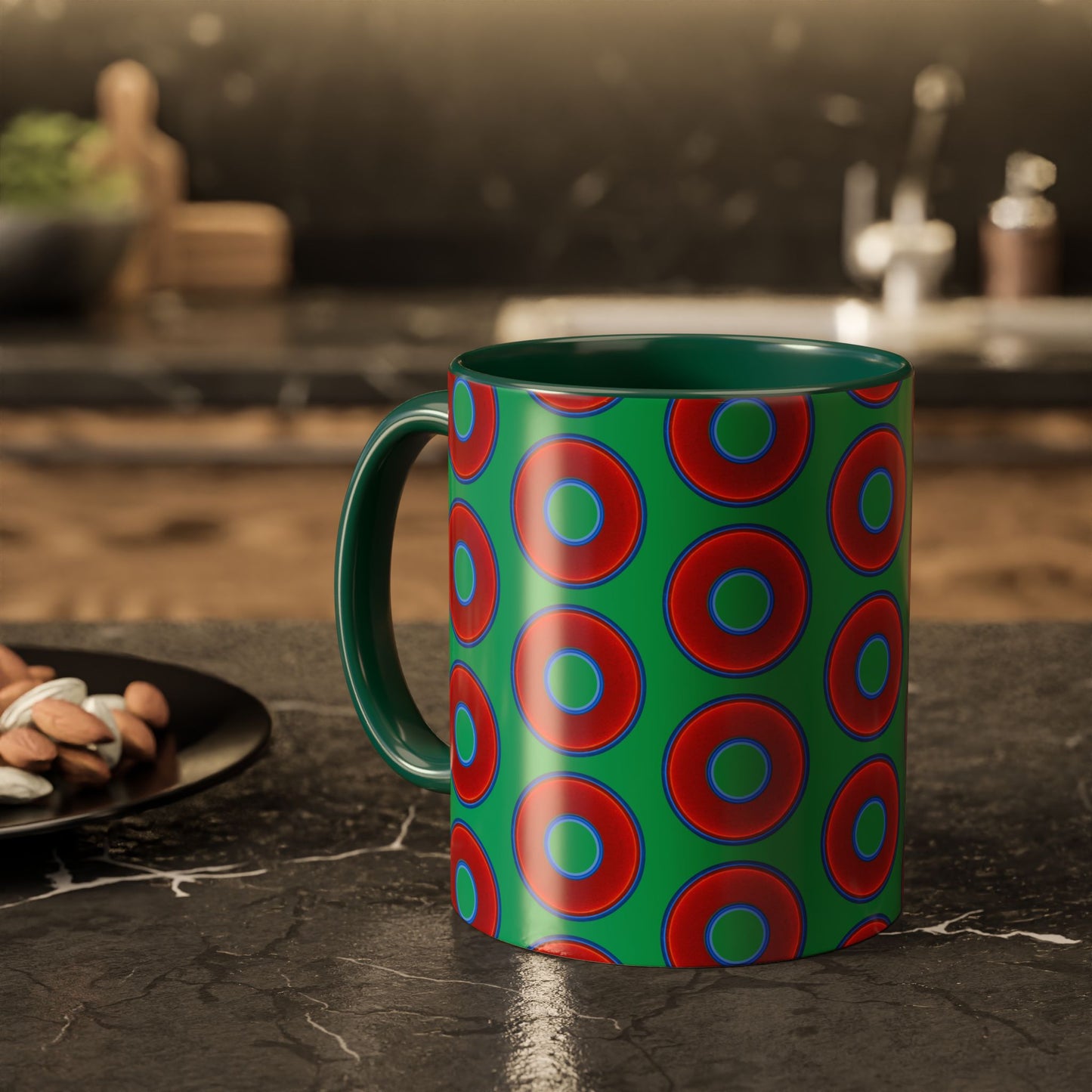 Lump's Grumpy Coffee Mug - vivid red donuts w/jade green background
