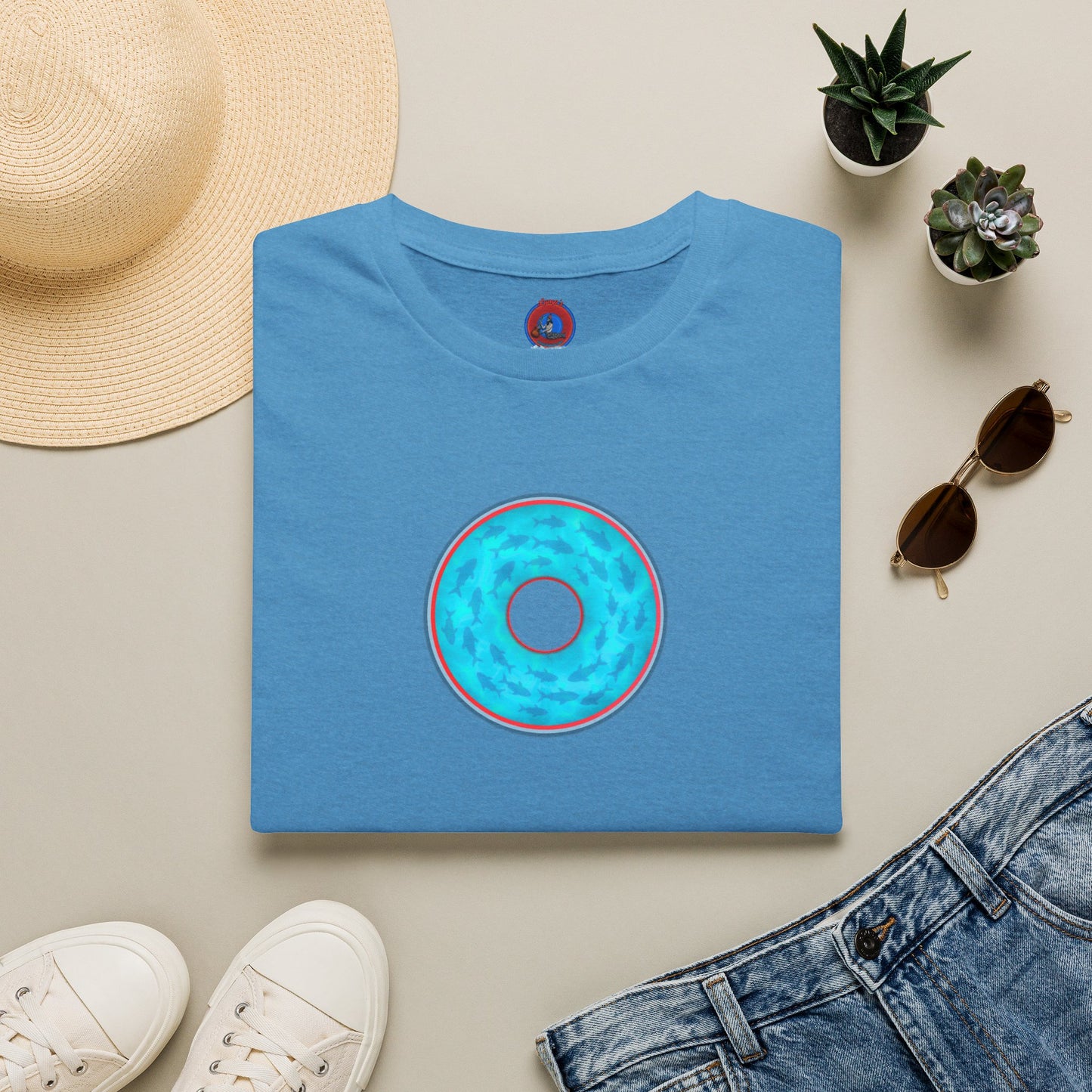 Classic Donut Tee - Unisex Soft-Style - "Skoolie of Phishies" - vivid sea donut - w/light blue water - variant 1
