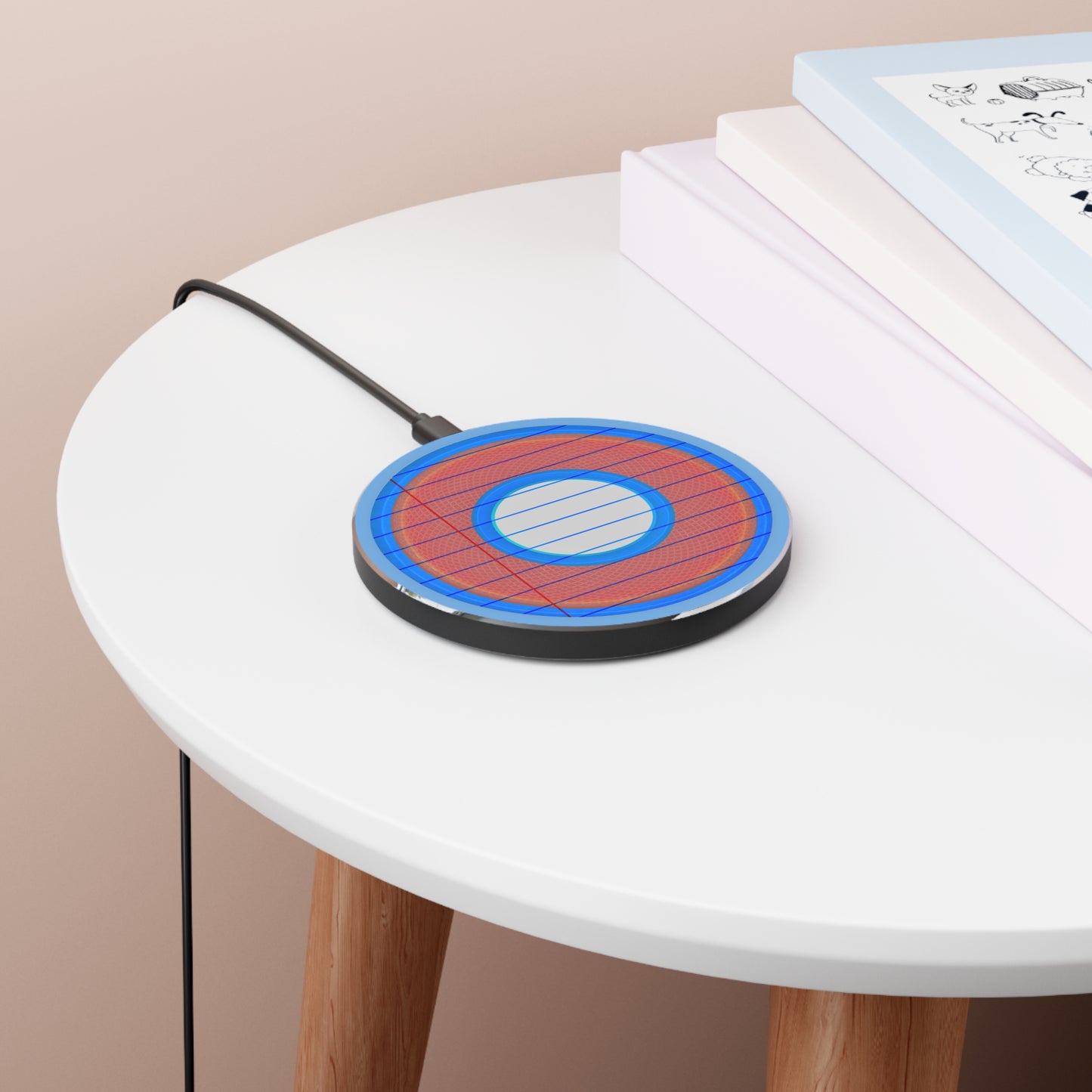 The Flow - Wireless Lumpy Donut Chargers - "Tasty Wireless Donut Charger" - rustic red donut w/light blue background - variant 2