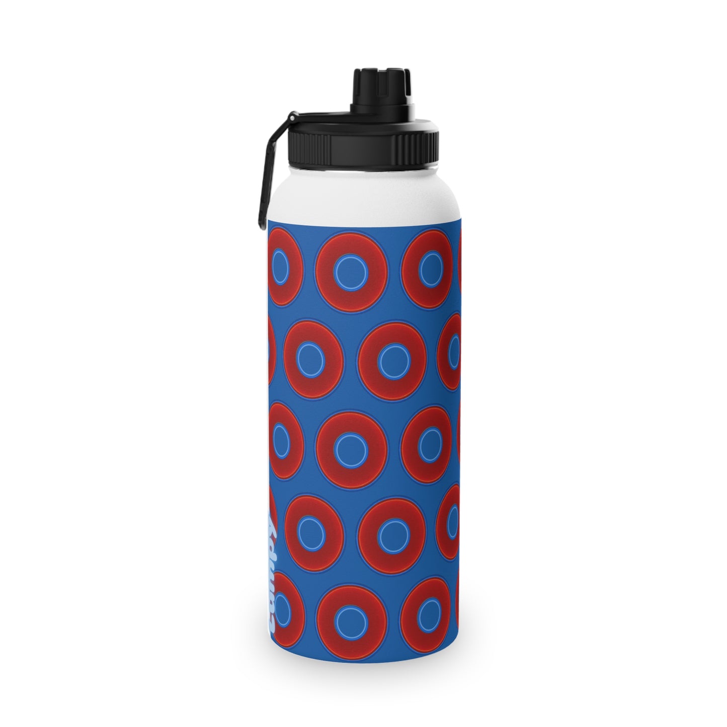 32oz Lumpy Stainless Steel Water Bottle - vivid red donuts w/dark royal blue background