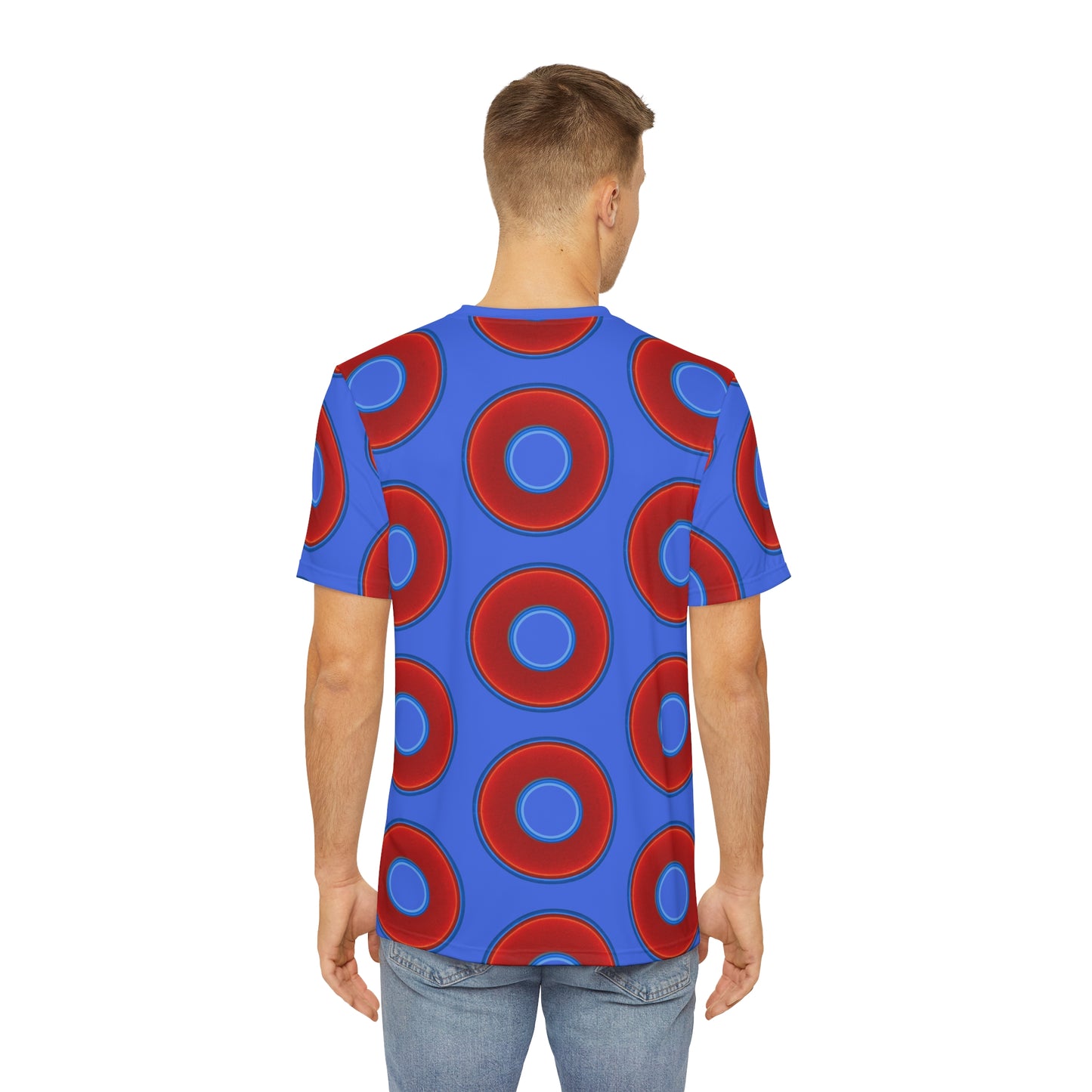 Multi-Beastie Giant Donut AOP Polyester Tee - red vivid donut print w/royal blue background