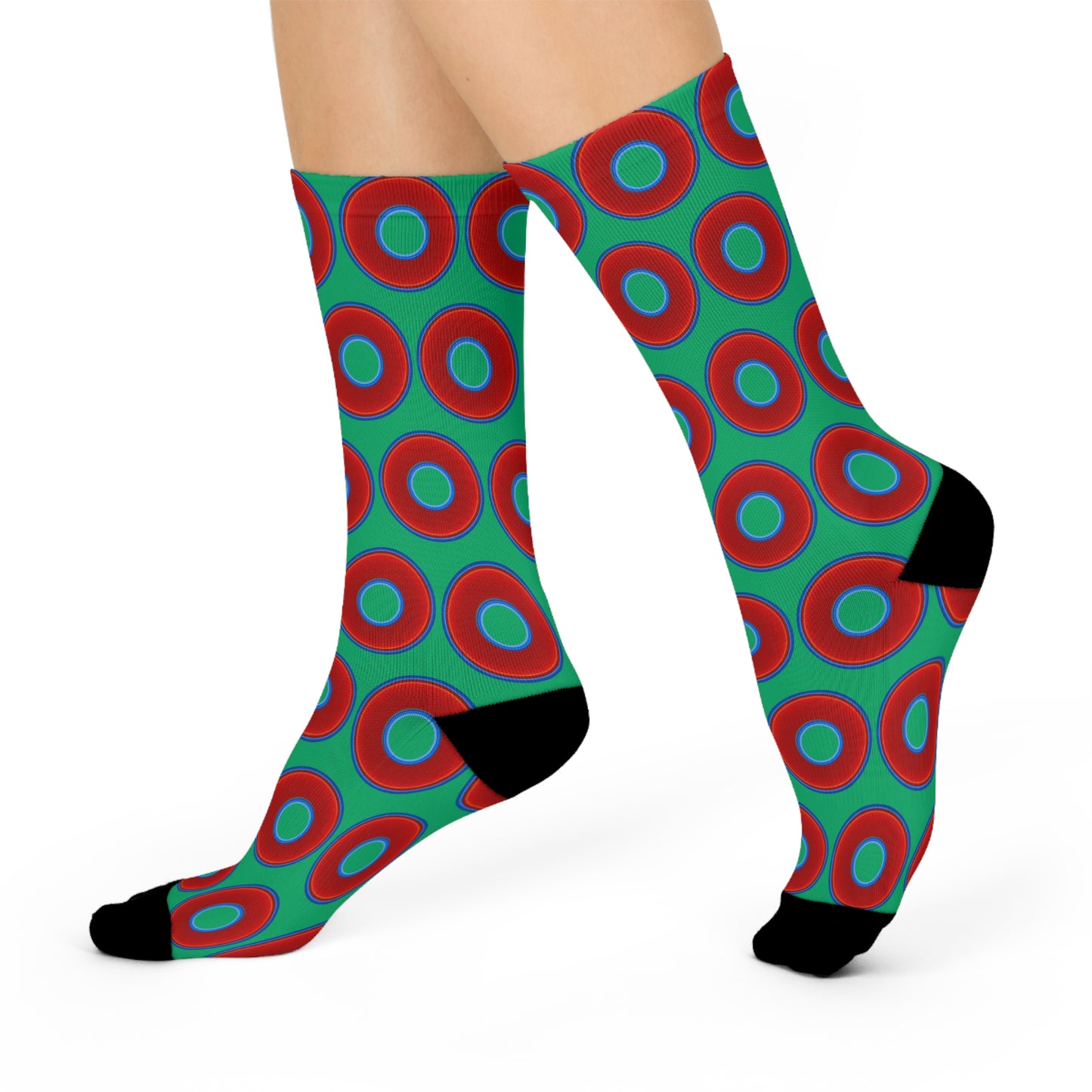 Lumpy Sox - cushioned crew - vivid red donut print w/jade green background