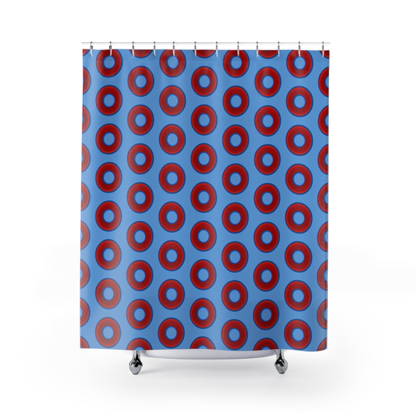 The Curtain With "Donuts" - Lumpy Bath Time Fun - vivid red donuts w/light blue background