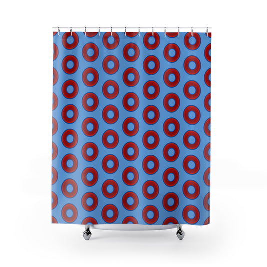 The Curtain With "Donuts" - Lumpy Bath Time Fun - vivid red donuts w/light blue background