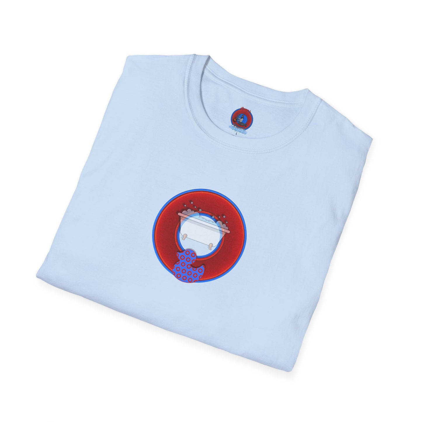 Classic Donut Tee - Unisex Soft-Style - "Rubber Ducky Bath Time Donut" - vivid red/blue donut - w/bathtub - variant 2