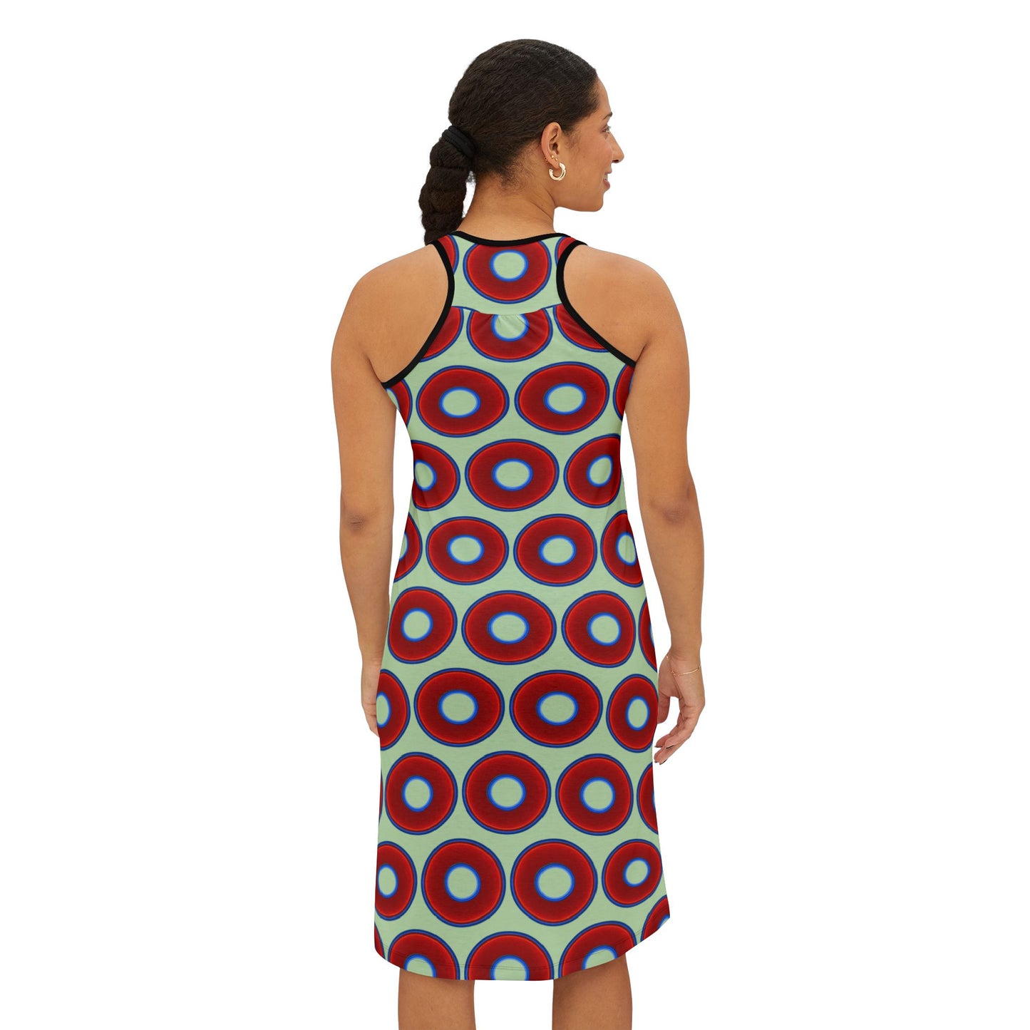 Tela's Lumpy Racerback Donut Dress - red vivid donut print w/seafoam background
