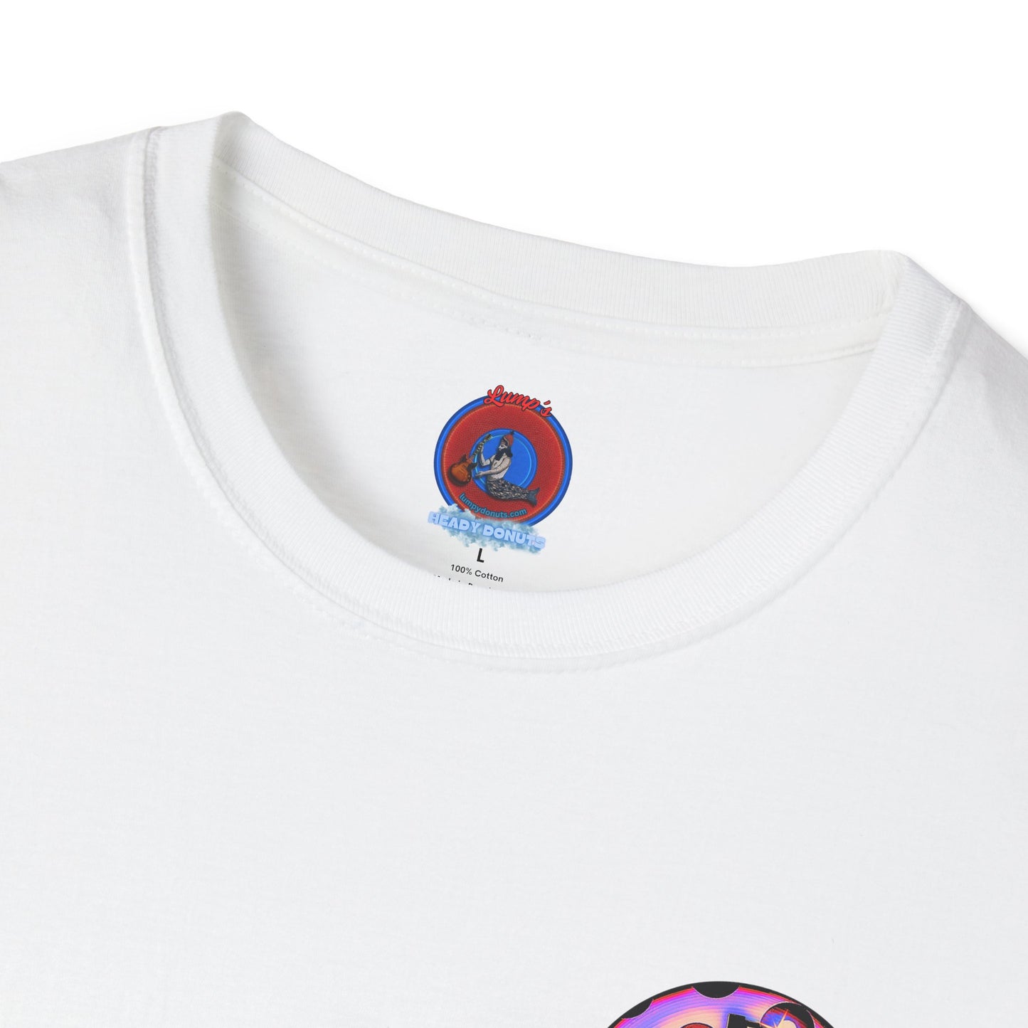 Classic Donut Tee - Unisex Soft-Style - "Would You Be My Donut?" - paradoxical faded purple/red donut - variant 3