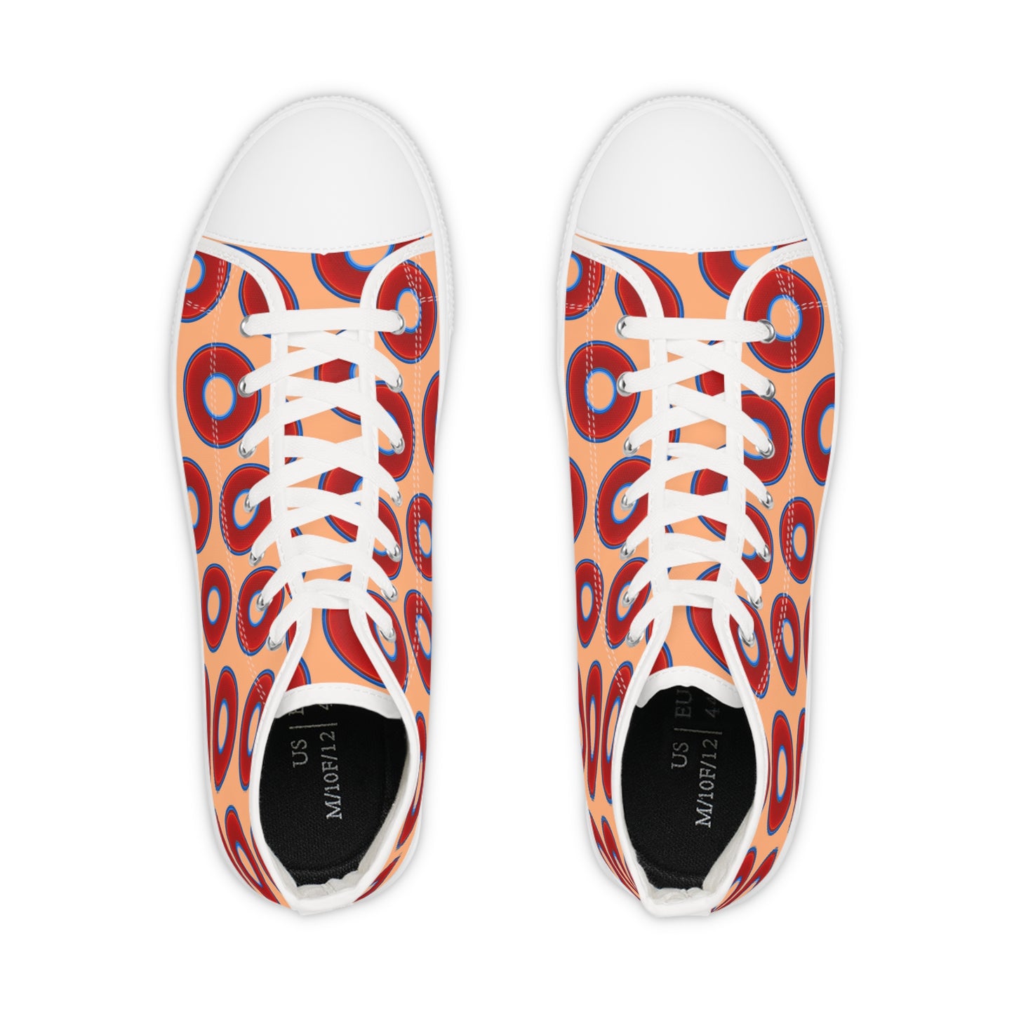 Men's High Top Chucks - large vivid red donut print w/peach background