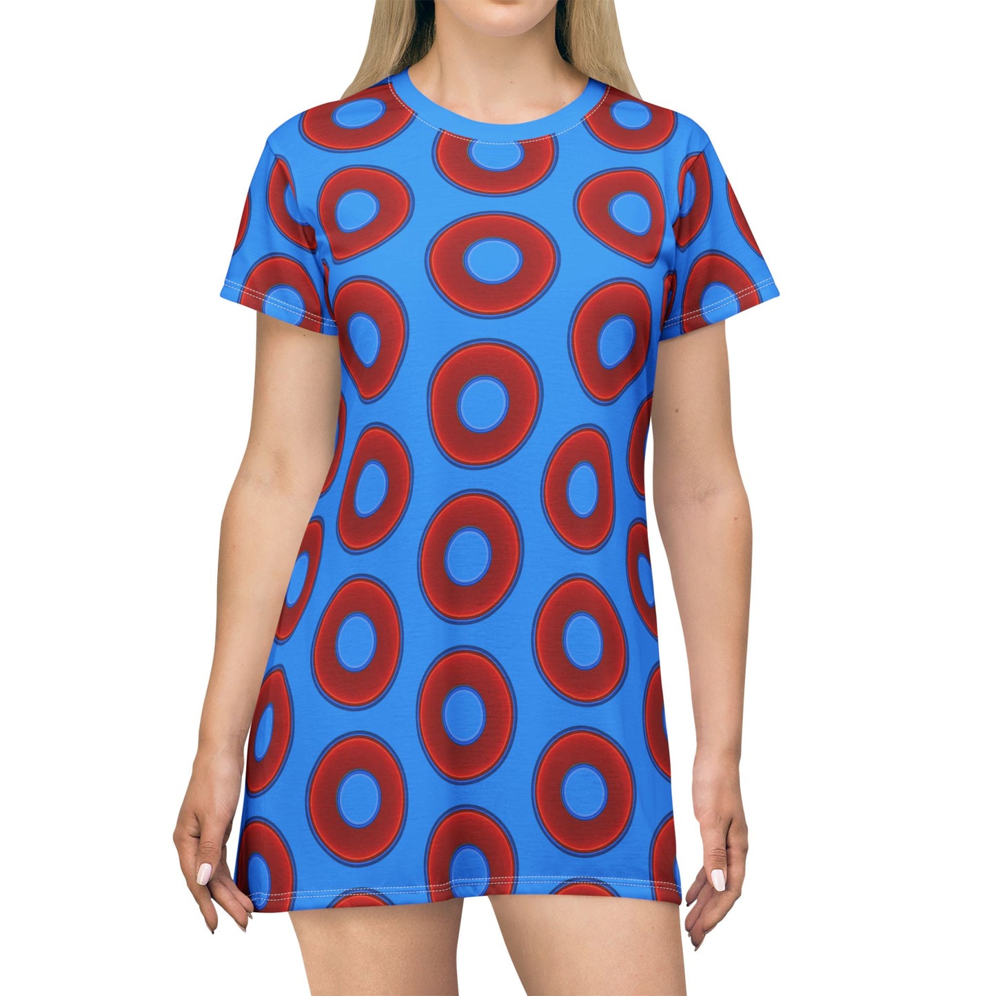 Not a Muumuu AOP Tee Shirt Dress - red vivid donuts w/sky royal blue background