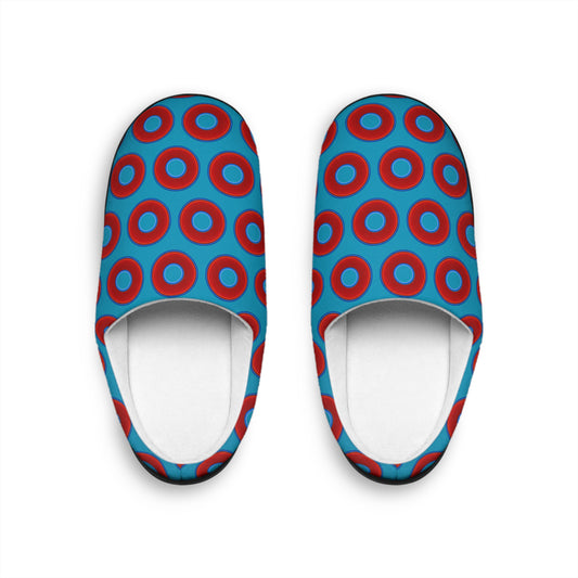 Women's Lumpy Slippers - red vivid donut print w/aquamarine blue background