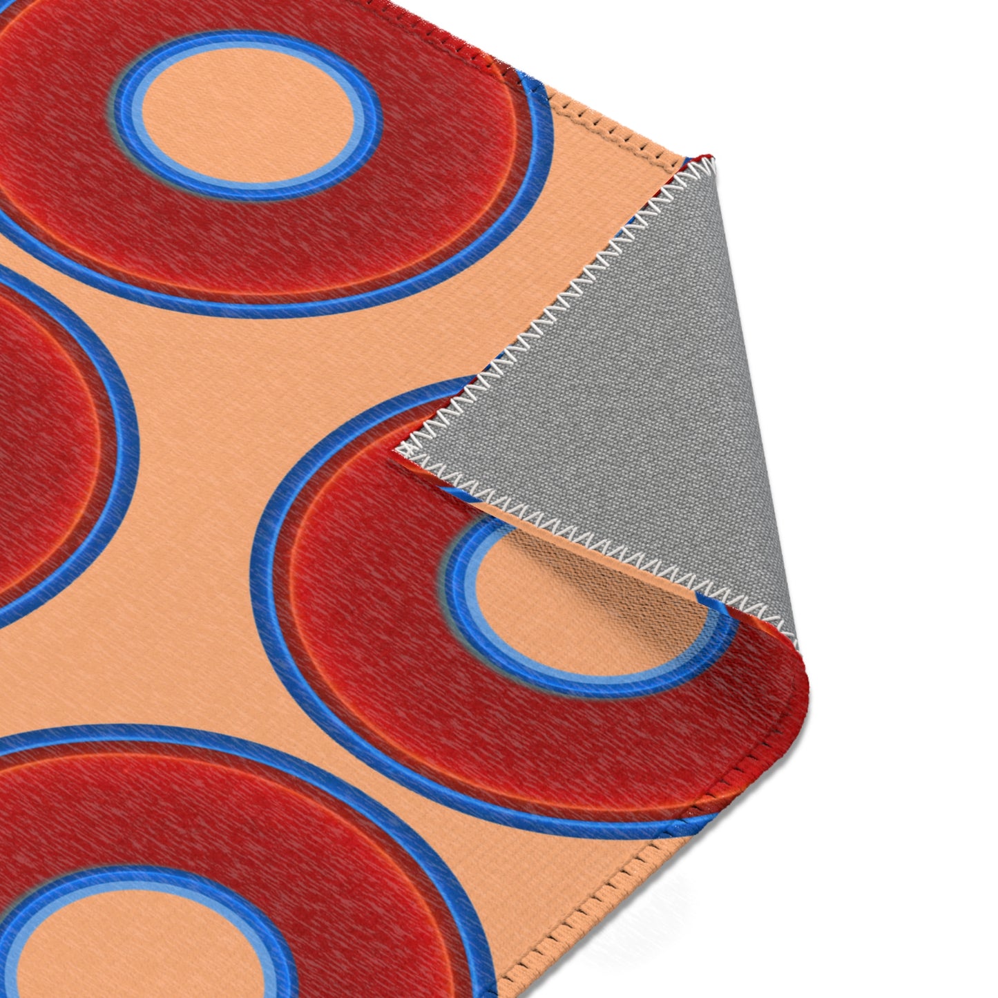 Lumpy Donut Print Rug - choice of 3 sizes - vivid red donut print w/peach background