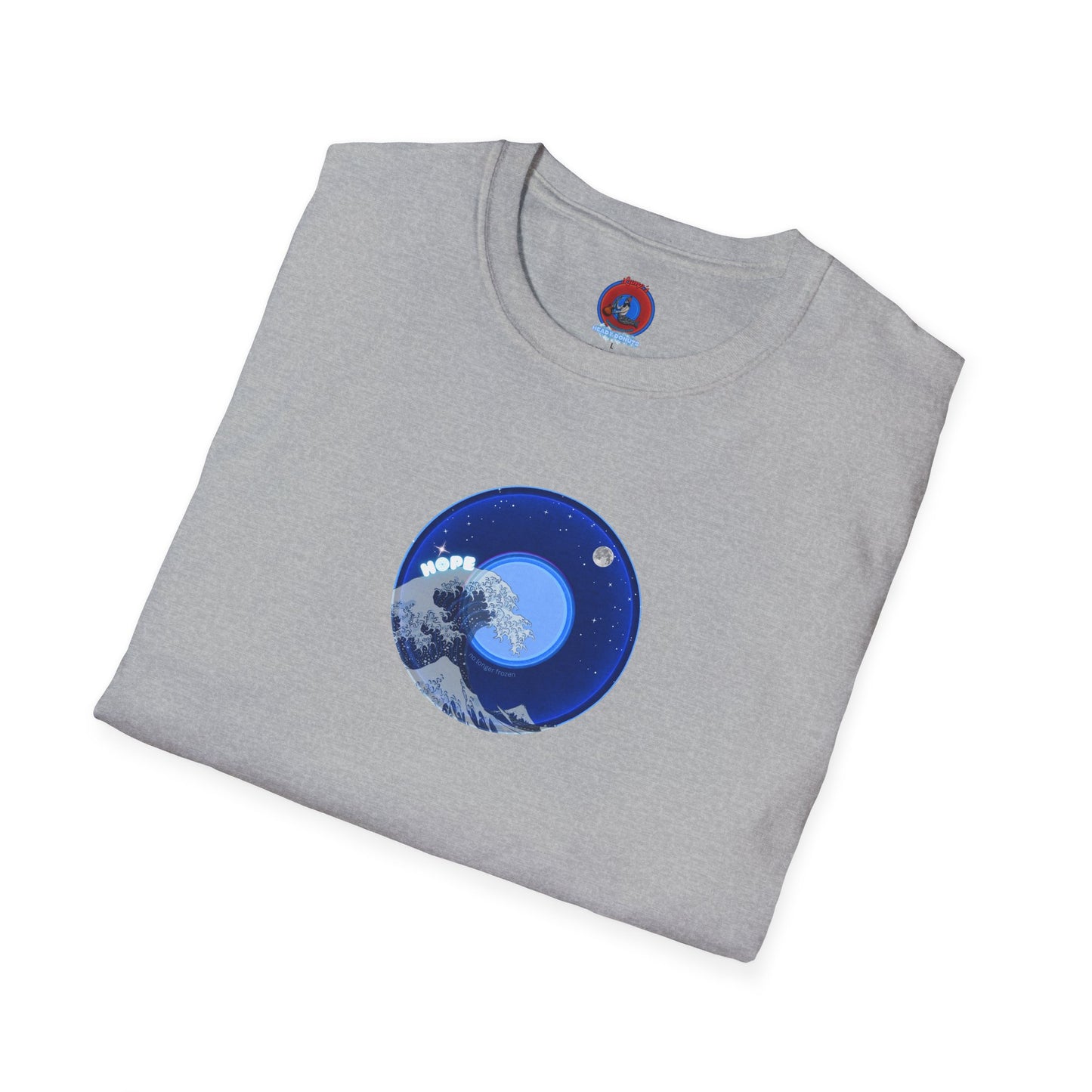 Classic Donut Tee - Unisex Soft-Style - "The Hopeful Waving Donut" - variant 2 - vivid blue donut