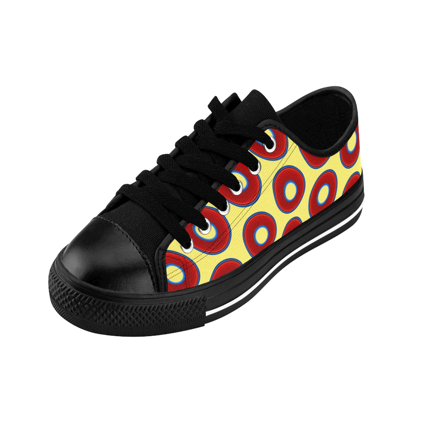 Women's Cushiony Convectors - Low Top - large red vivid donut print w/yellow background