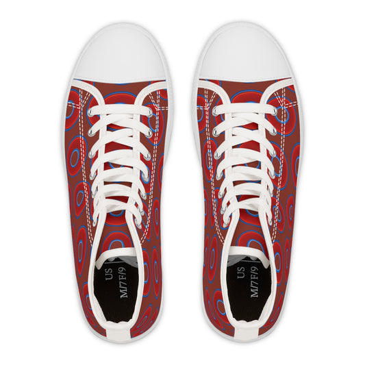 Women's High Top Chuck Taylors - large vivid red donut print w/burnt umber background