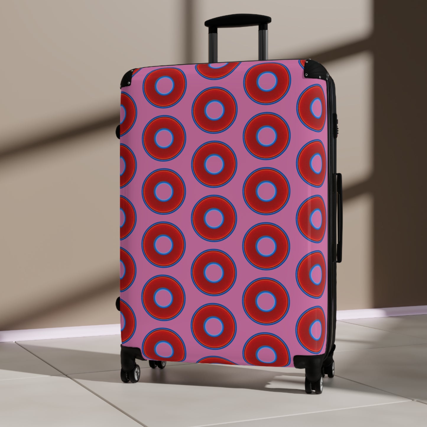 The Very Lumpy Donut Suitcase series - your choice of S, M or L - vivid red donut print w/light pink background