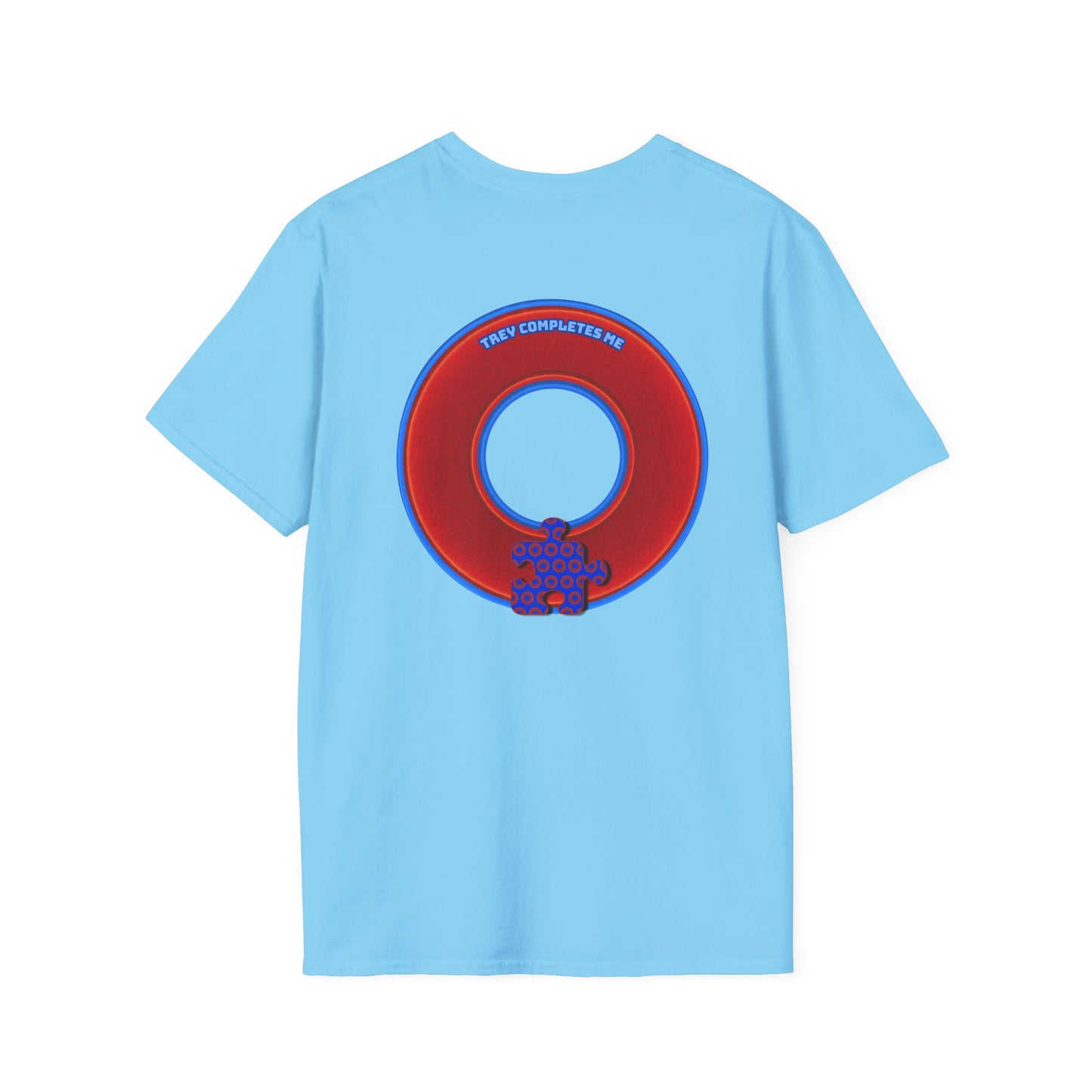 Classic Donut Tee - Unisex Soft-Style - "Trey's Completed Donut" - vivid red/blue donut