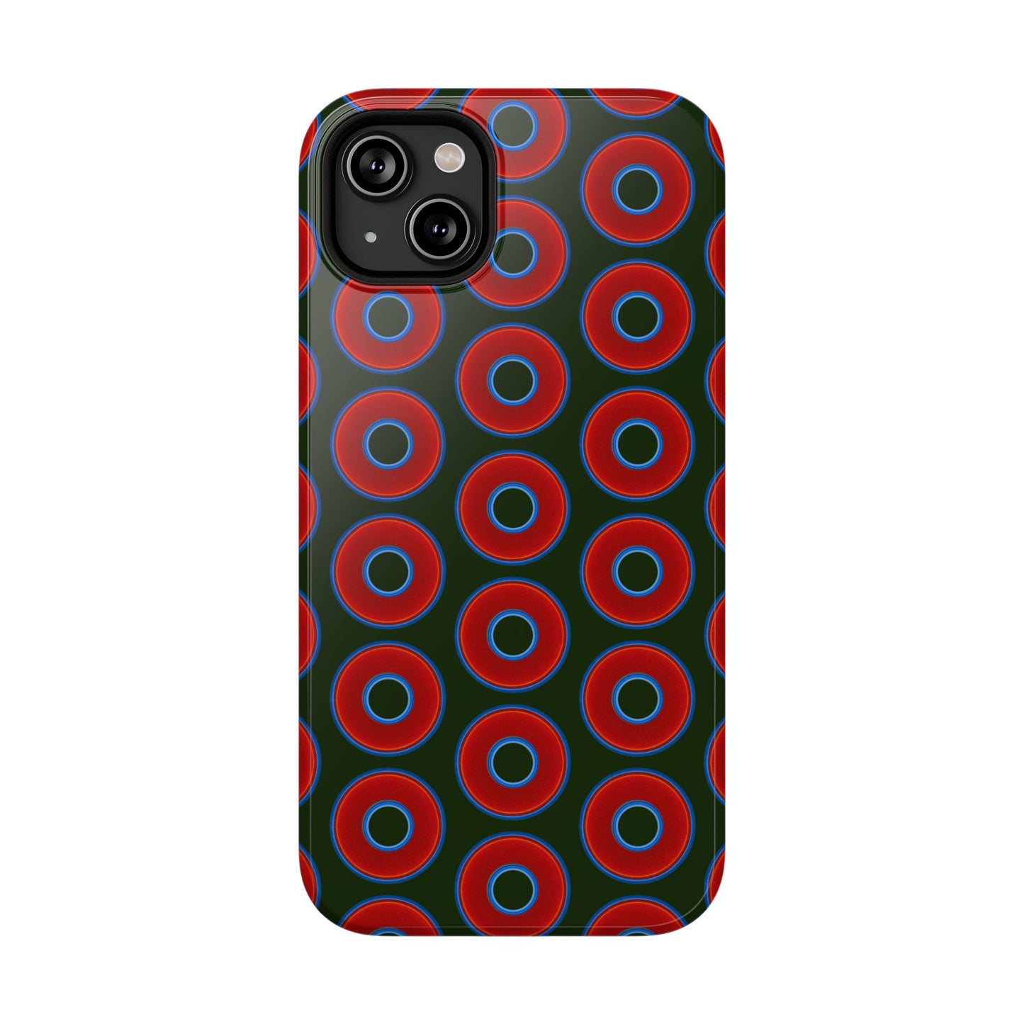 Impact-Resistant Lumpy Donut Case - red vivid donut print w/deep forest green background