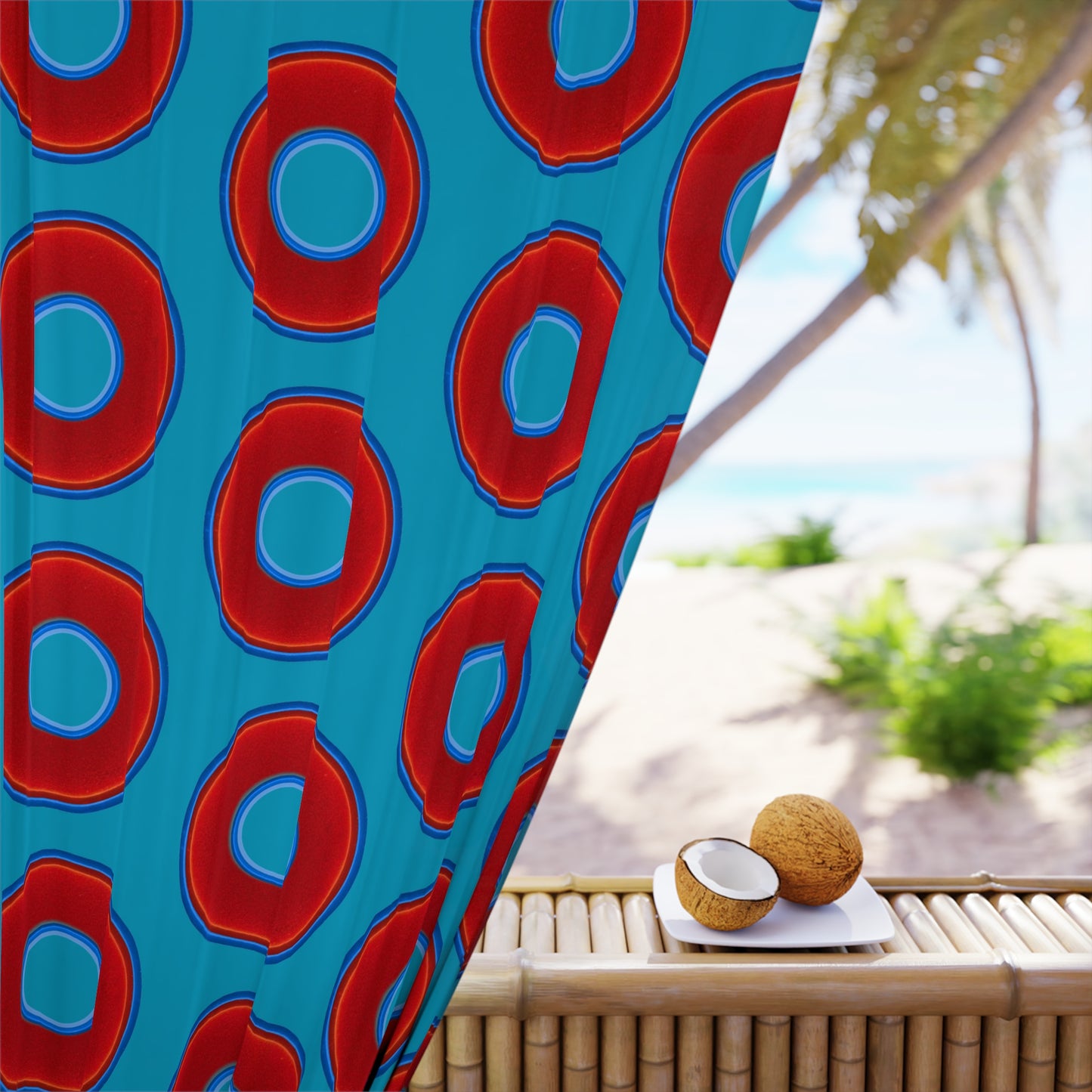 Lump's Heady Curtain w/Donuts - vivid red donut print - w/aquamarine blue background - [*1 Piece / 50" x 84"]