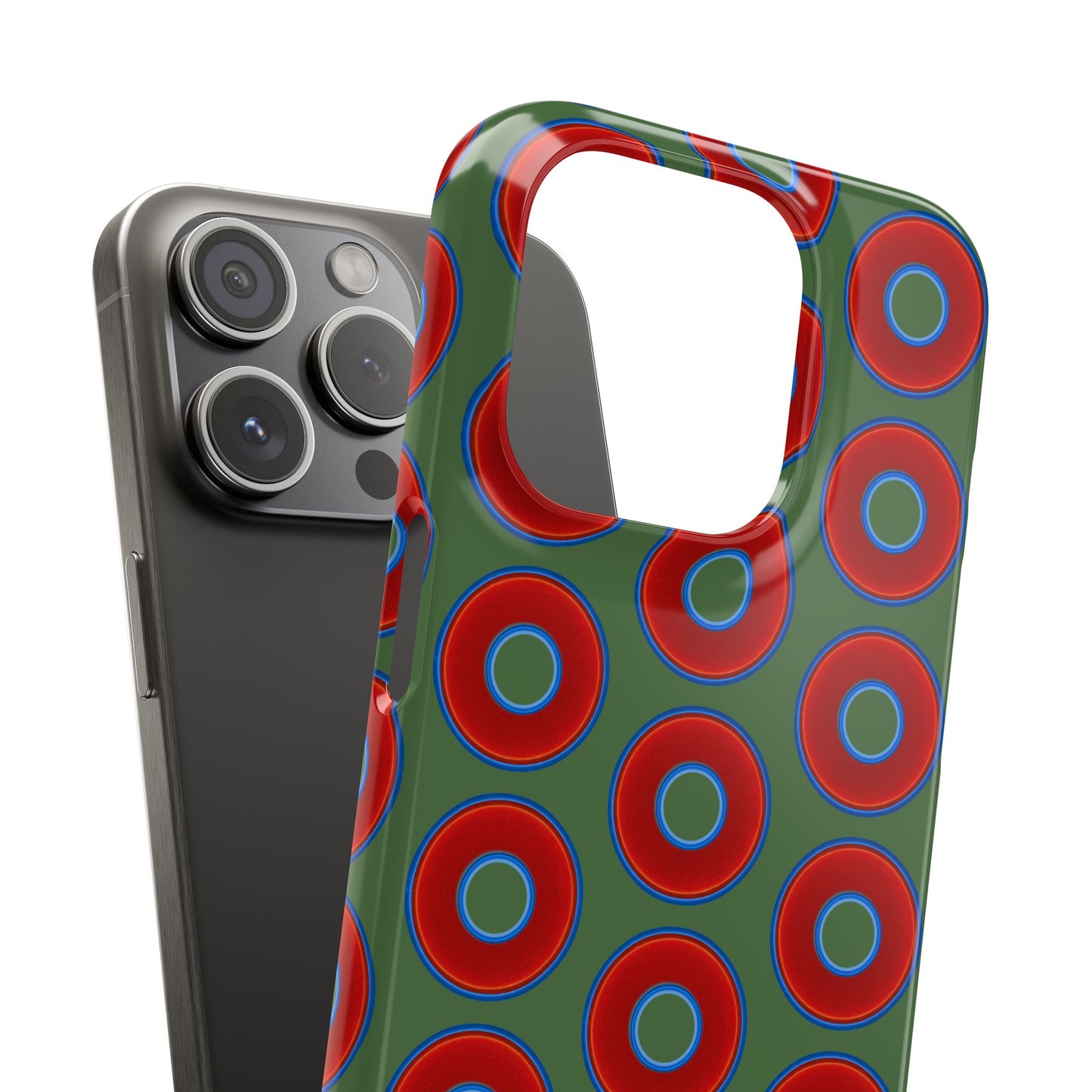 Lumpy Donut Snap Case - red vivid donut print w/dark green background