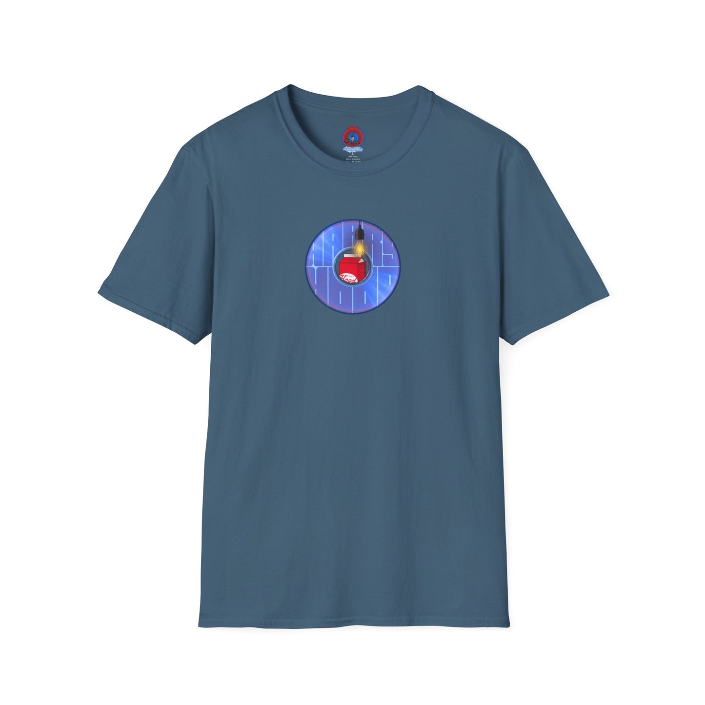Classic Donut Tee - Unisex Soft-Style - "Harry Left His Donut Shirt" - series 1.0  - variant 4 - purple/blue donut - w/milk & light on