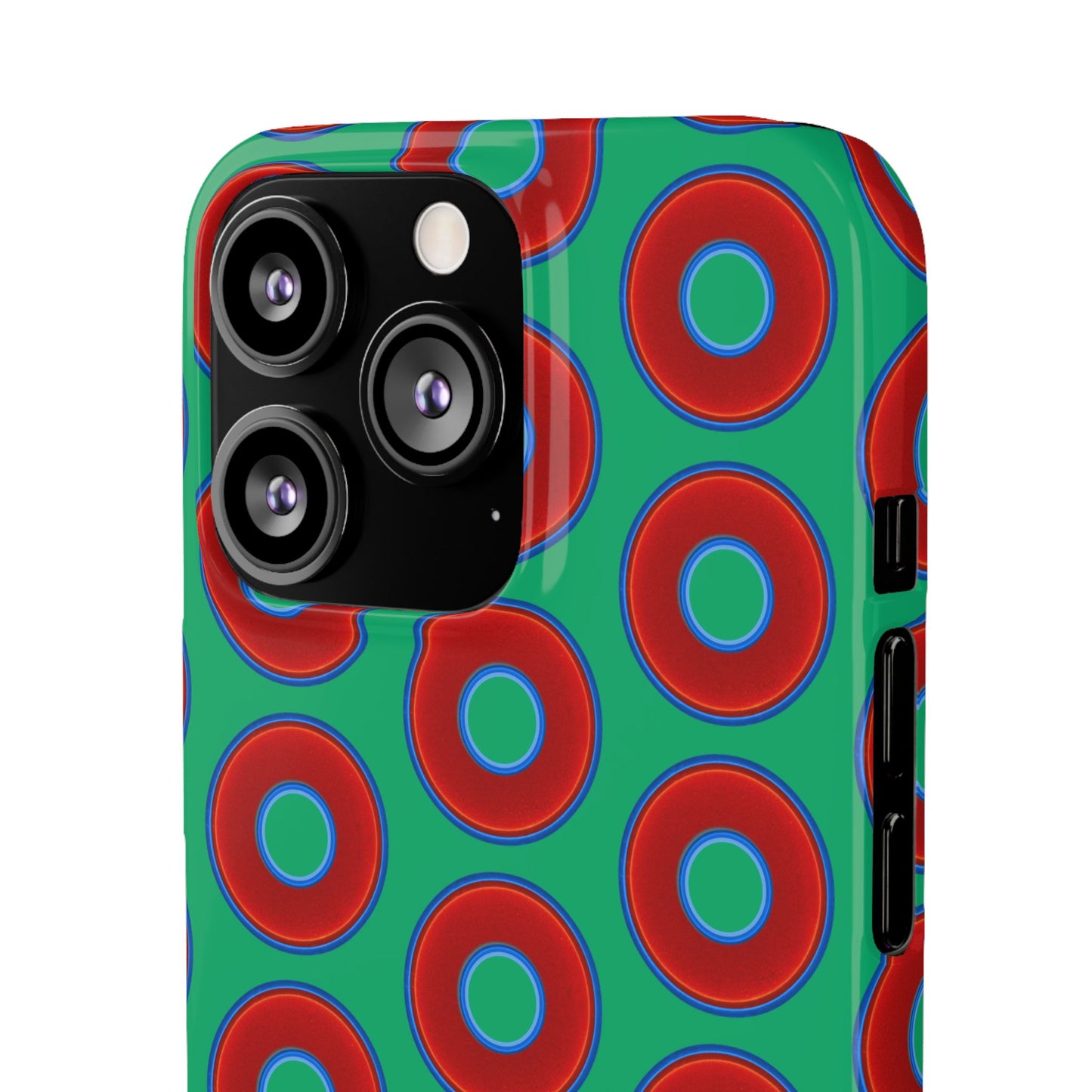 Lumpy Donut Snap Case - red vivid donut print w/jade green background