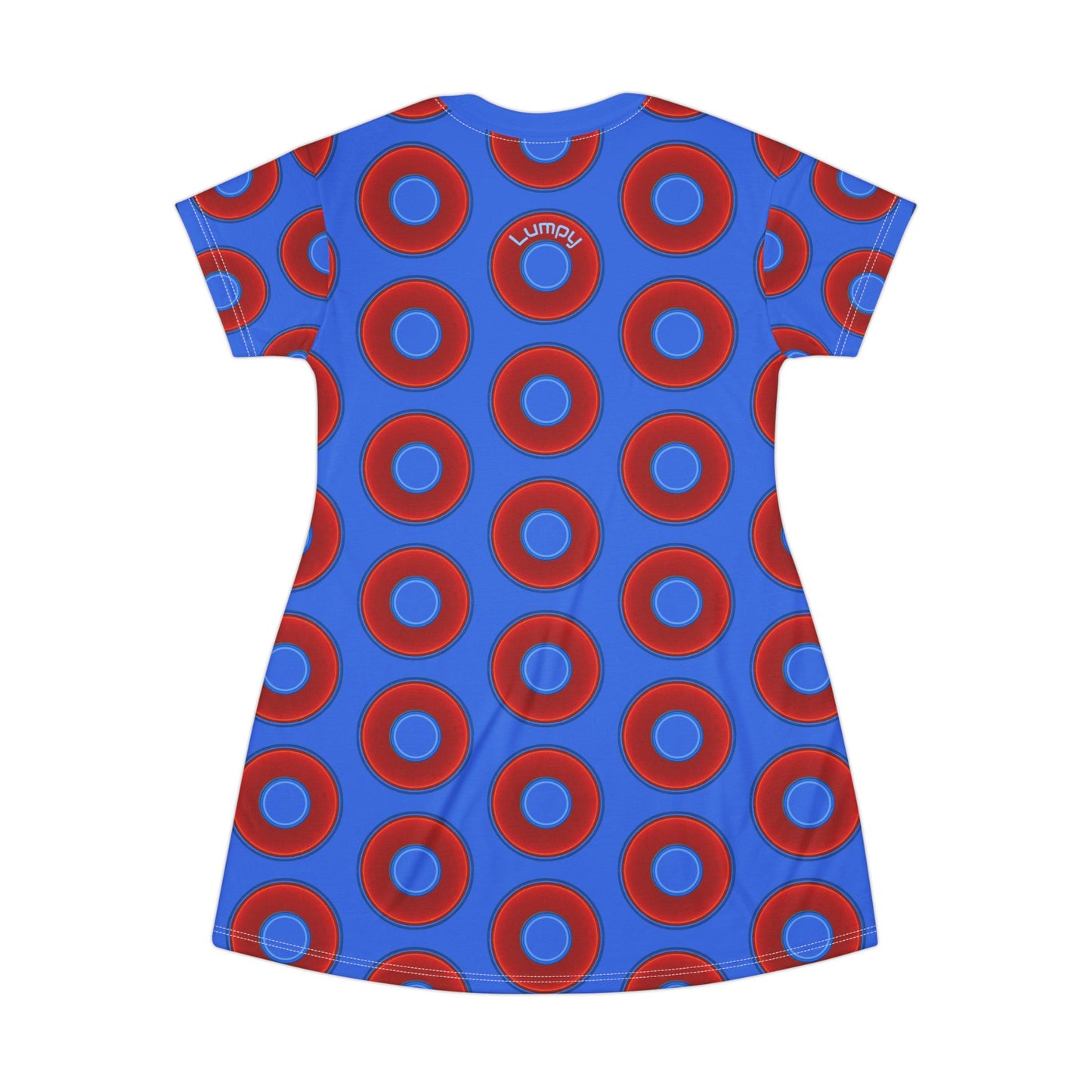 Not a Muumuu AOP Tee Shirt Dress - red vivid donuts w/medium royal blue background