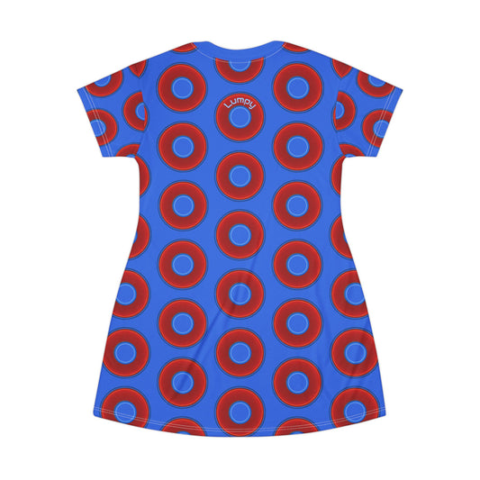 Not a Muumuu AOP Tee Shirt Dress - red vivid donuts w/medium royal blue background