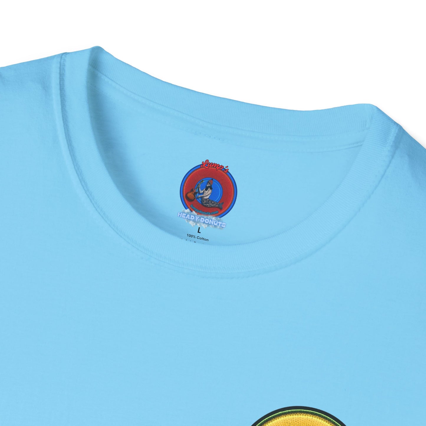 Classic Donut Tee - Unisex Soft-Style - "Limestone Donuts so Large" - variant 4 - golden donut w/garage