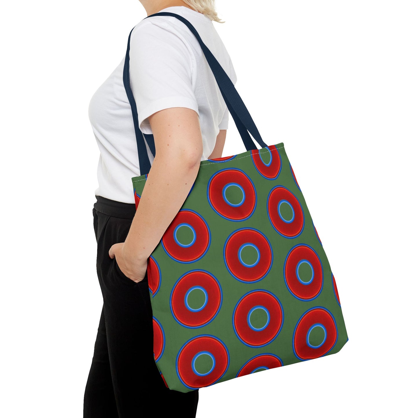 Lumpy Beach/Tote Bag - red vivid donuts w/dark Fenway green background
