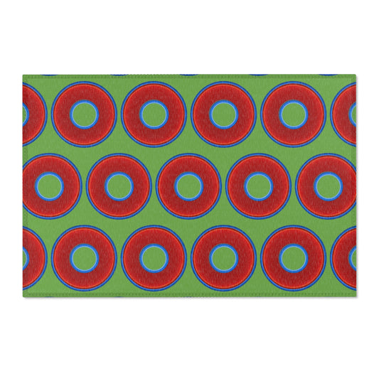 Lumpy Donut Print Rug - choice of 3 sizes - vivid red donut print w/light green background
