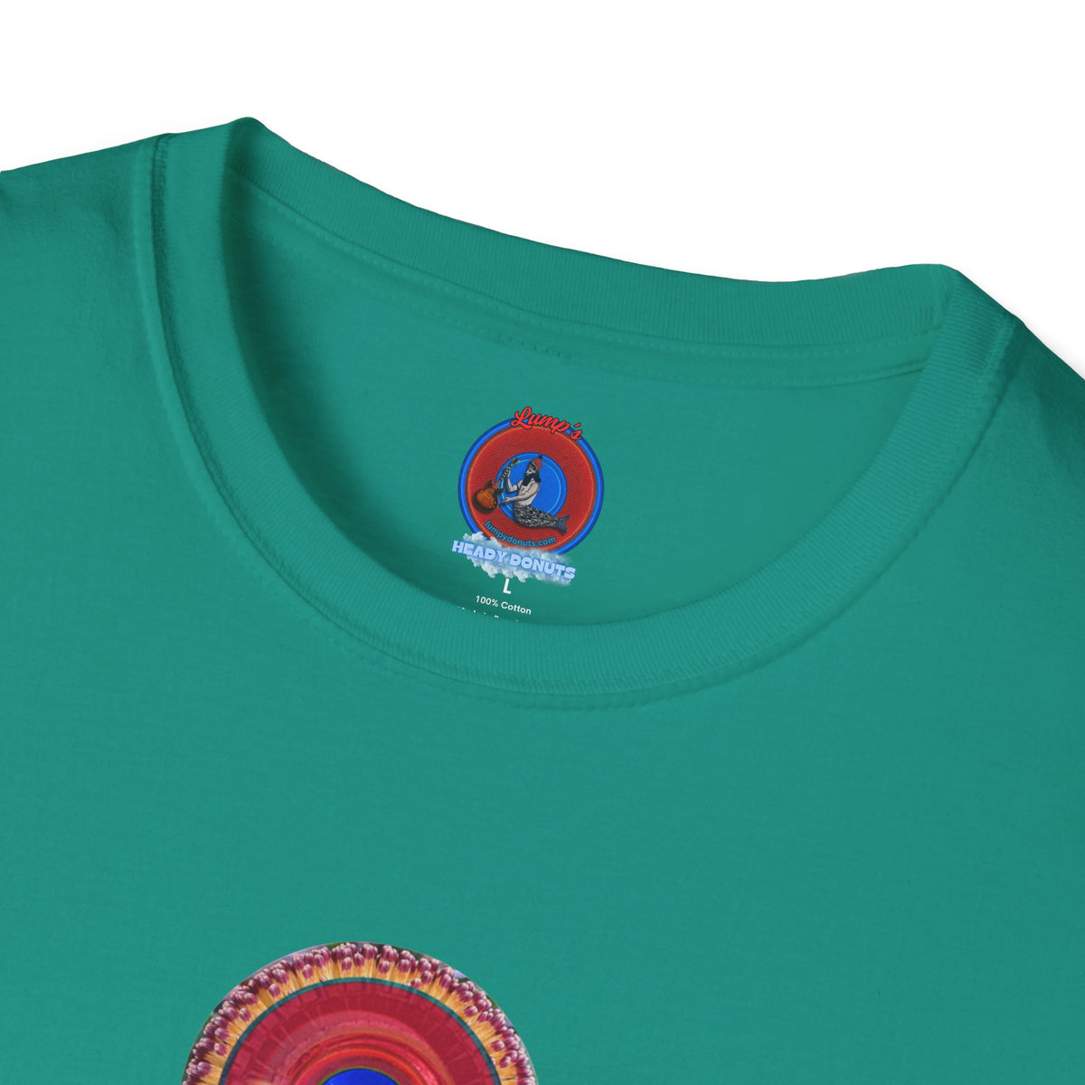 Classic Donut Tee - Unisex Soft-Style - "Smell the Donuts Outside on my Lawn"  " variant 2 - blue donut on red donut/flower