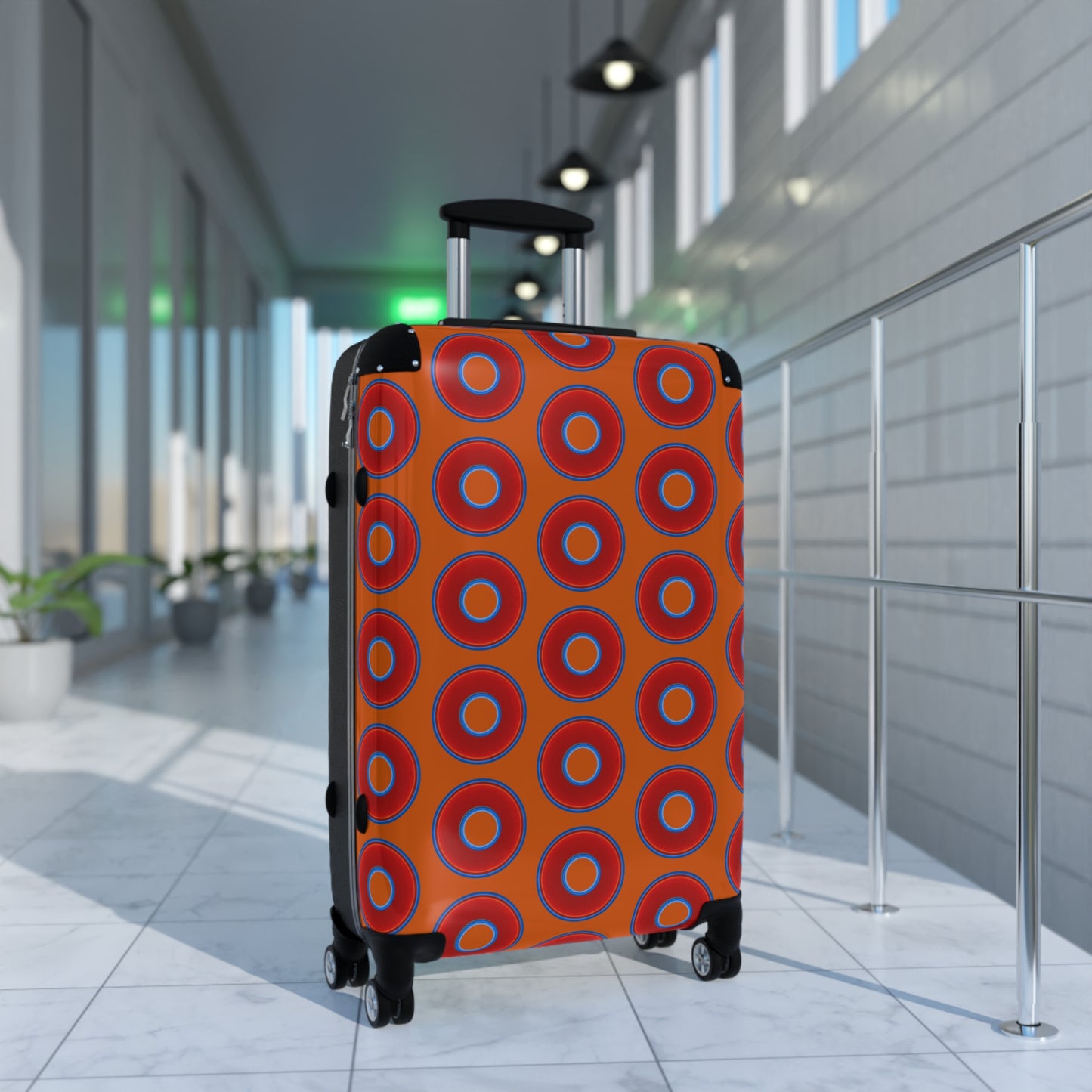 The Very Lumpy Donut Suitcase series - your choice of S, M or L - vivid red donut print w/dark orange background