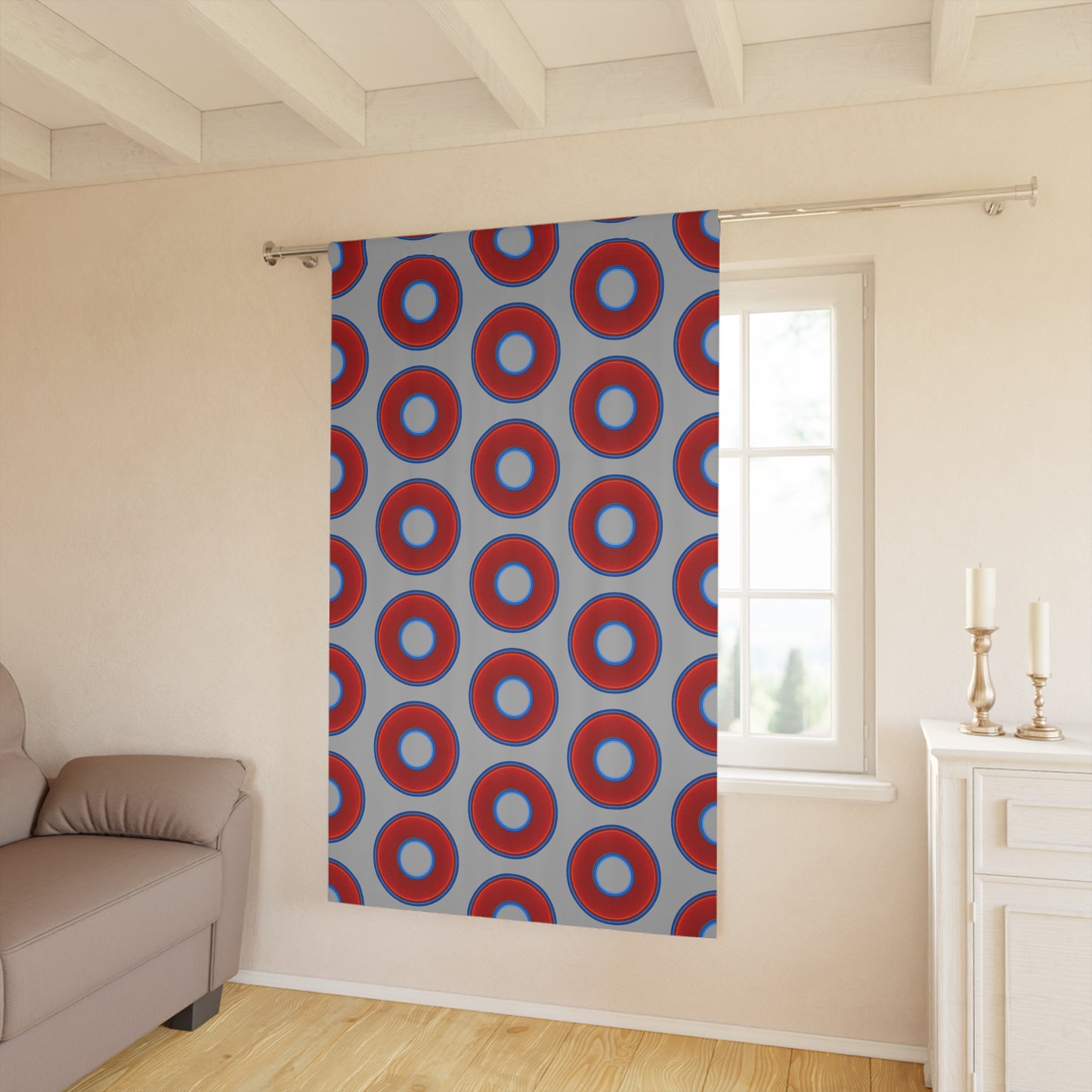 Lump's Heady Curtain w/Donuts - vivid red donut print - w/light gray background - [*1 Piece / 50" x 84"]