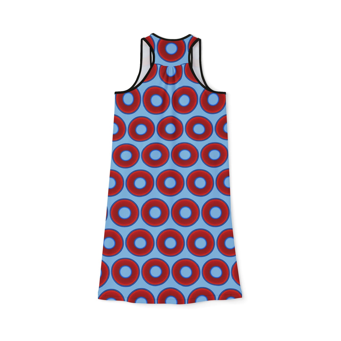 Tela's Lumpy Racerback Donut Dress - red vivid donut print w/sky blue background